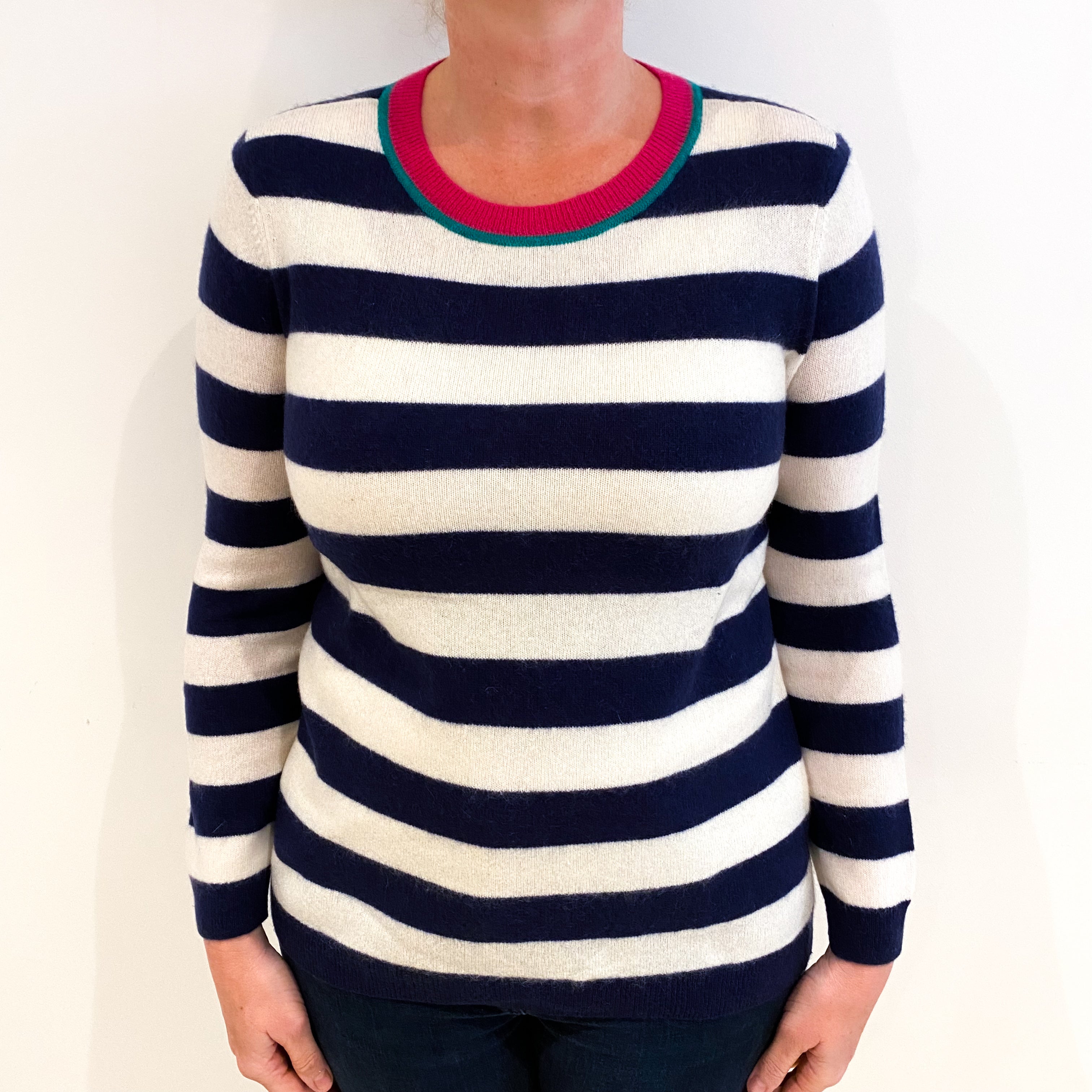 Navy And Cream Stripe Cashmere Crew Neck Jumper Large