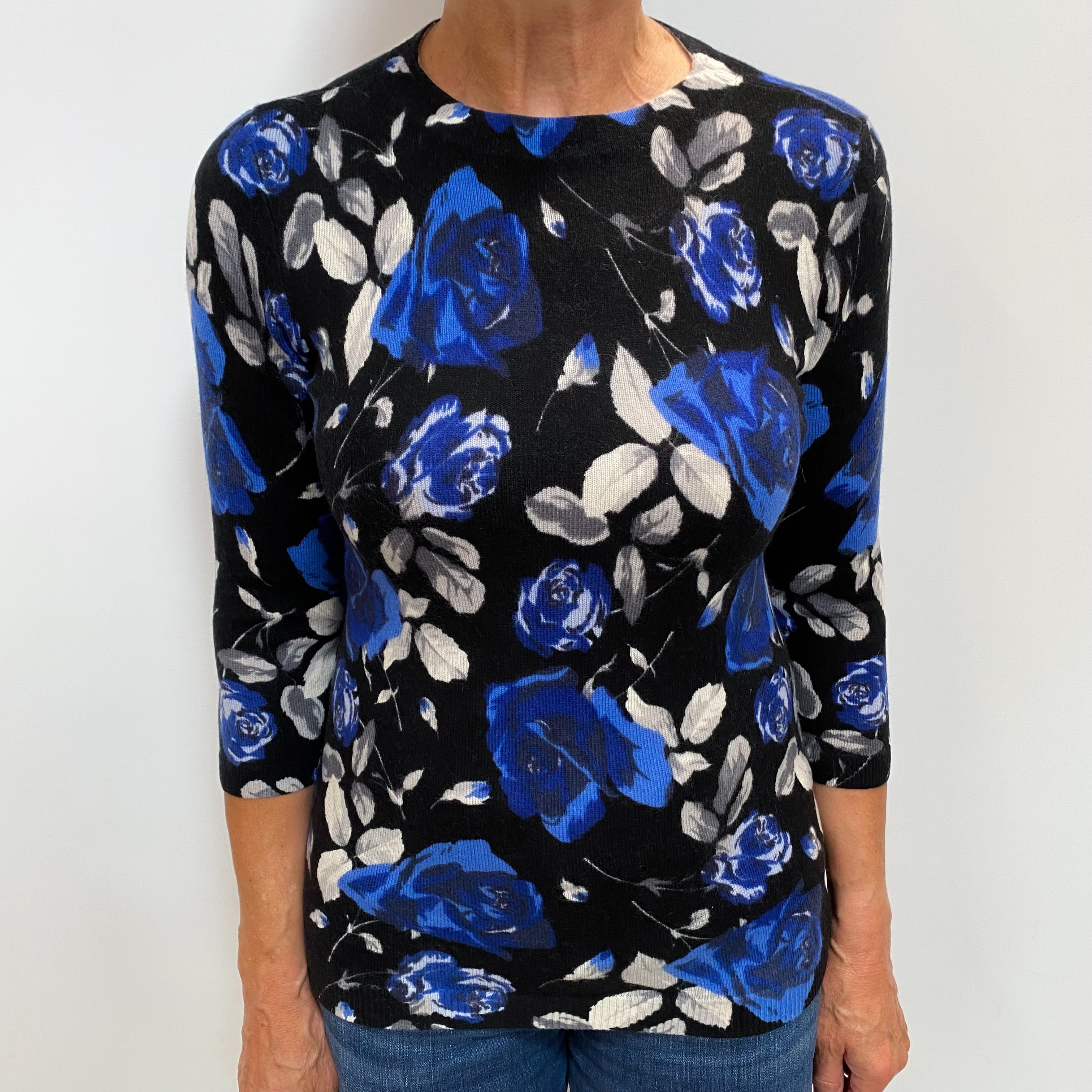 Black Floral Cashmere Crew Neck Jumper Medium