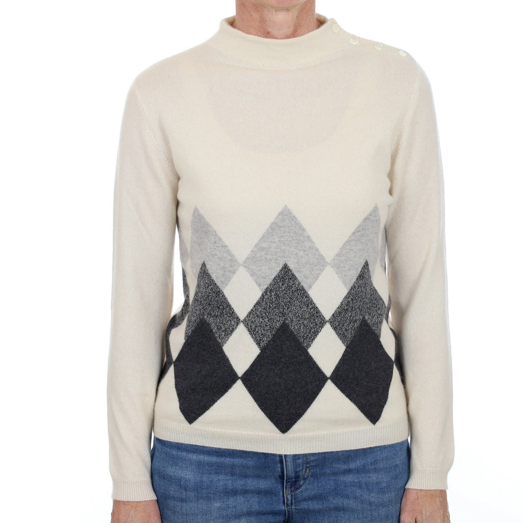 Vanilla Cream Diamond Patterned Cashmere Polo Neck Jumper Small