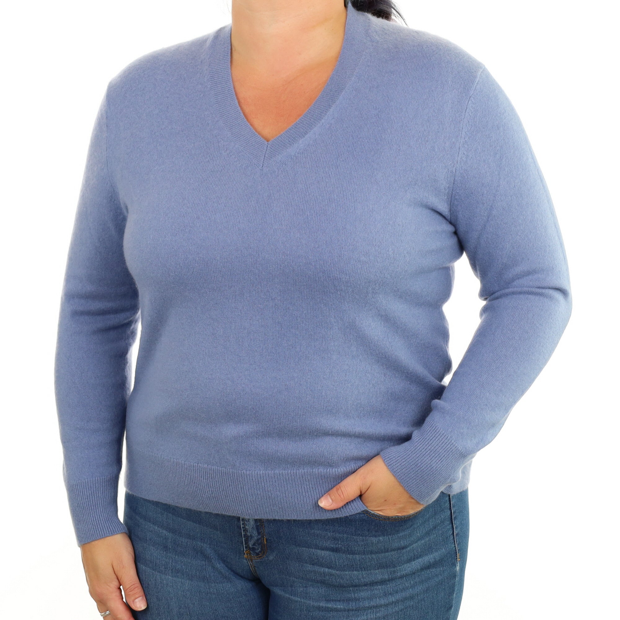 Denim Blue Cashmere V Neck Jumper Large