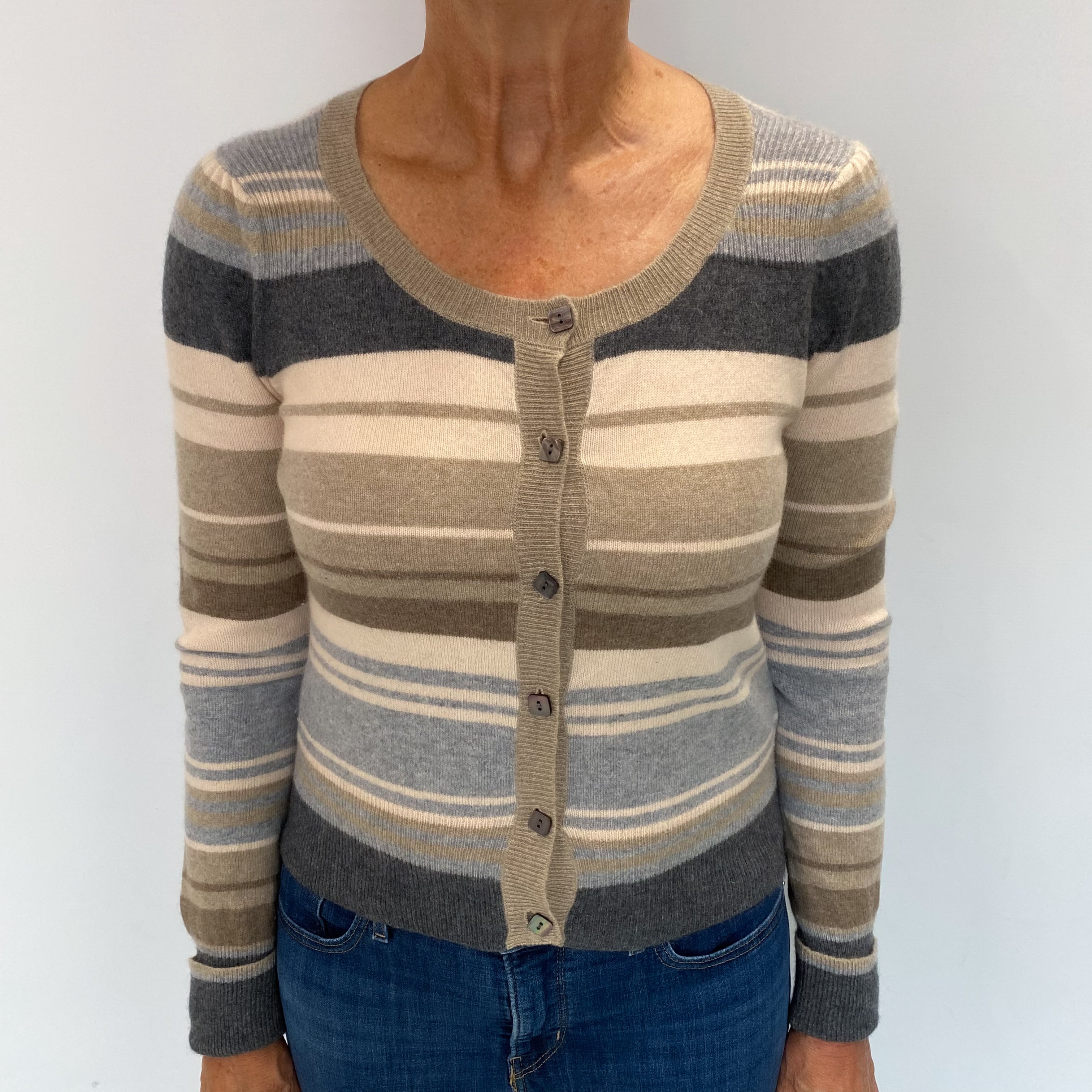 Biscuit Beige Striped Cashmere Crew Neck Cardigan Medium