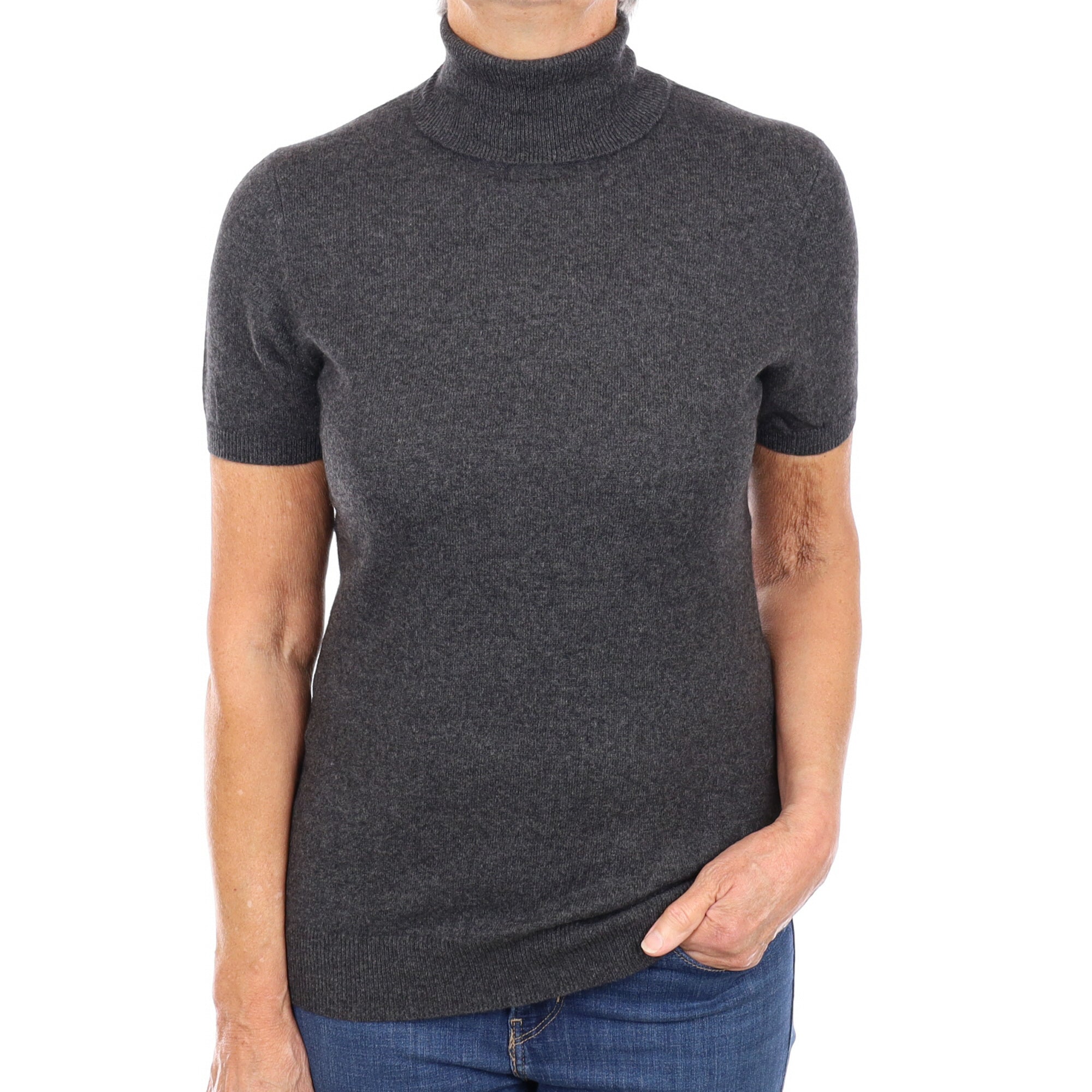 Charcoal Grey Cashmere Short Sleeve Polo Neck Jumper Medium