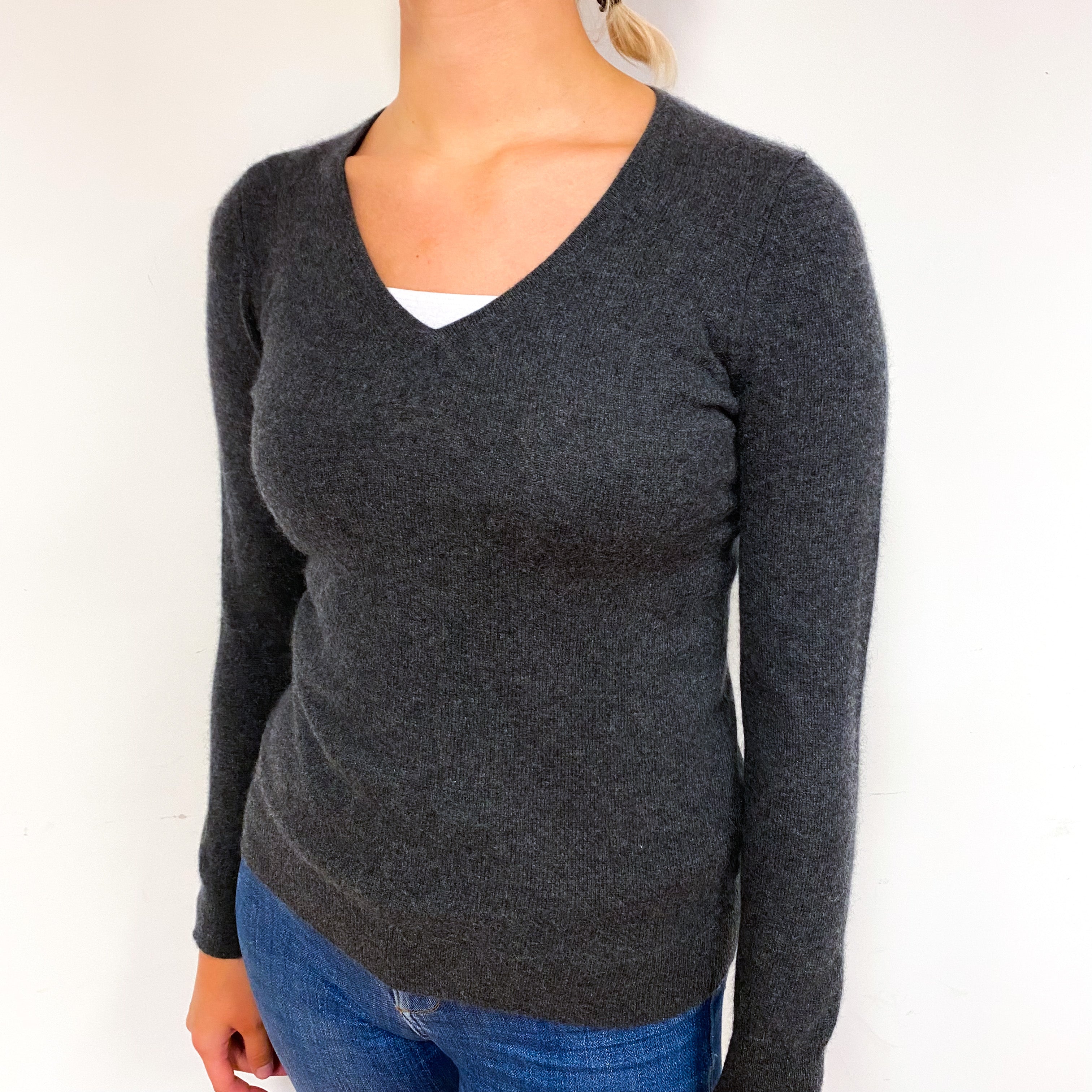 Slate Grey Cashmere V-Neck Jumper Small