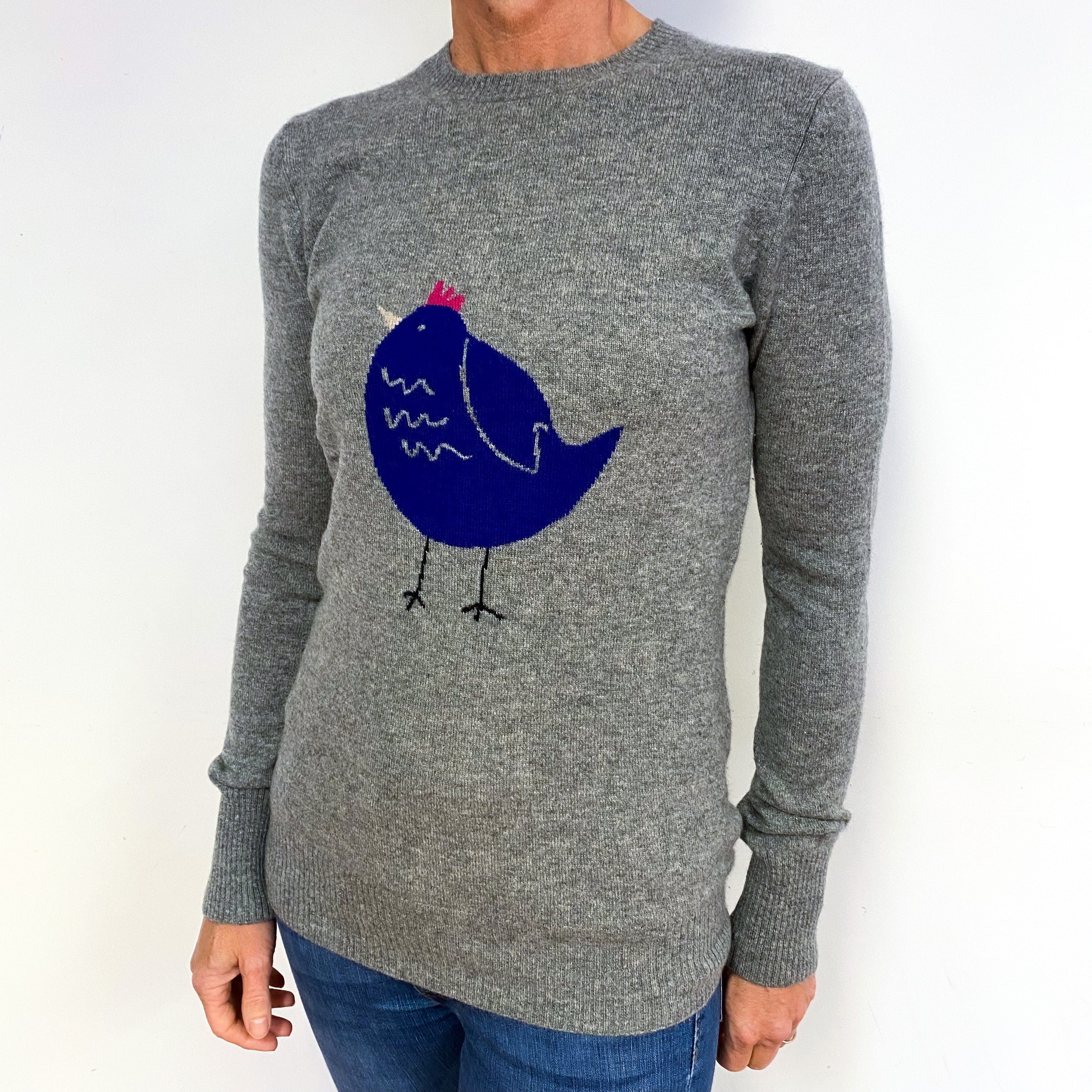 Ash Grey with Chick Motif Cashmere Crew Neck Jumper Medium