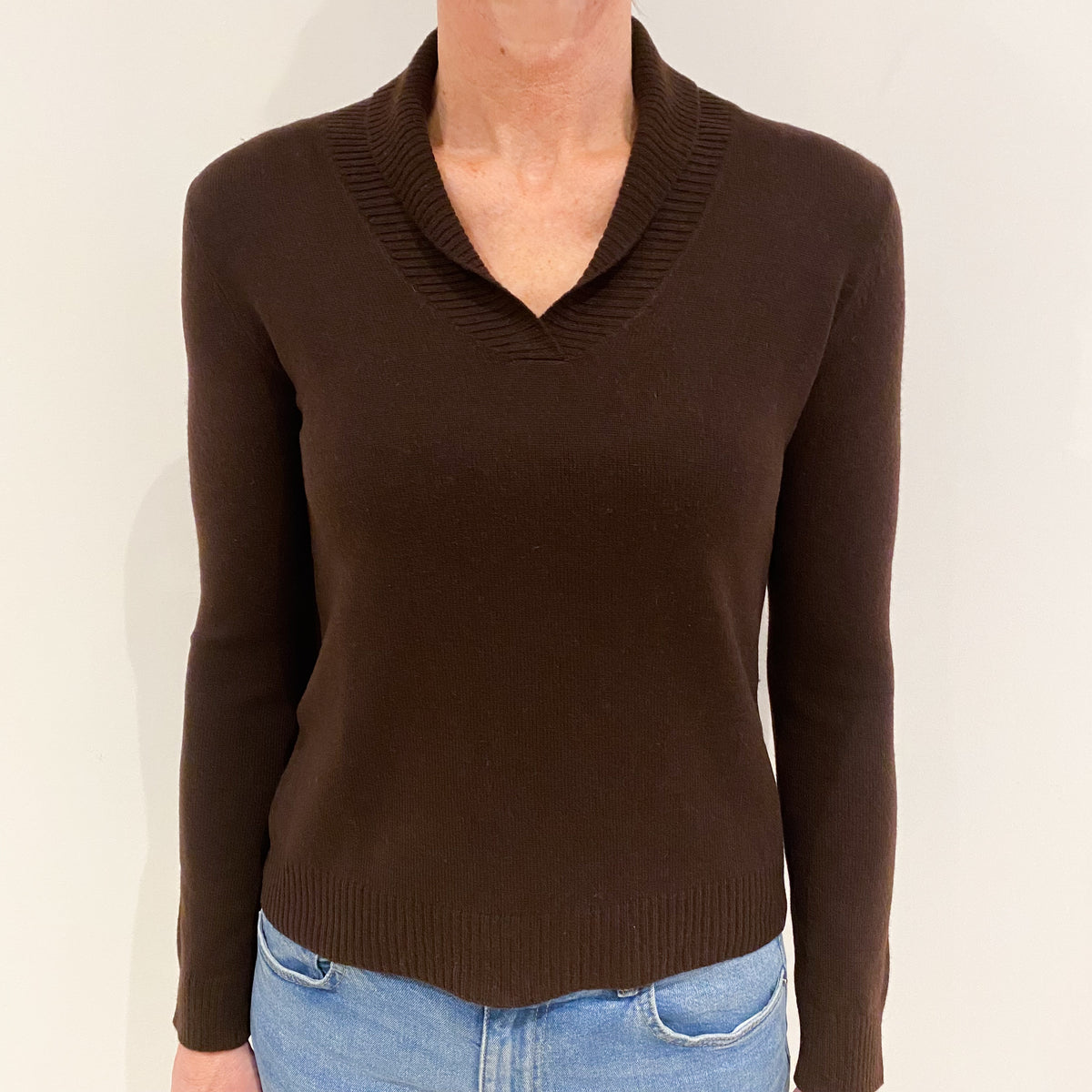 Chocolate Brown Cashmere Shawl Collar V Neck Jumper Small