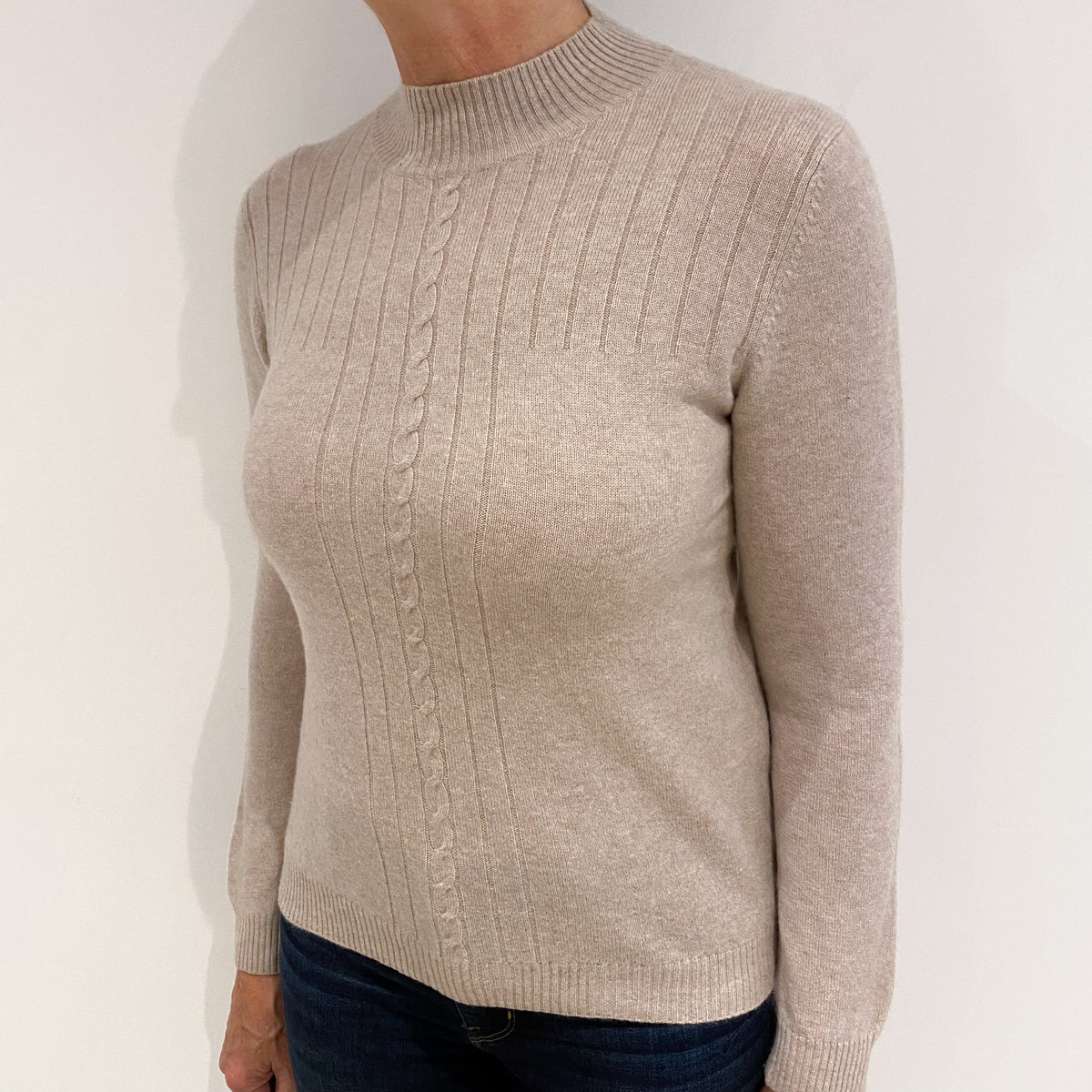 Sand Beige Ribbed Cashmere Turtle Neck Jumper Medium