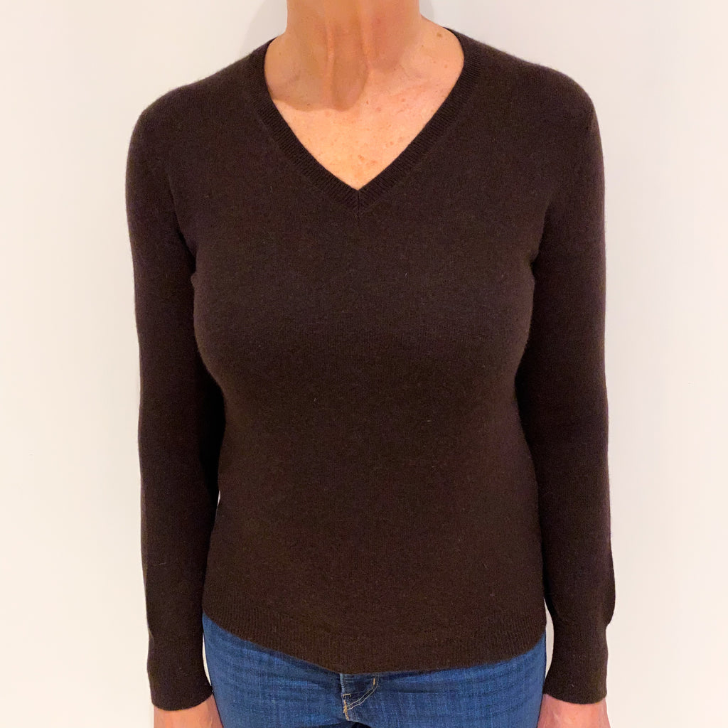 Dark Chocolate Brown Cashmere V Neck Jumper Medium