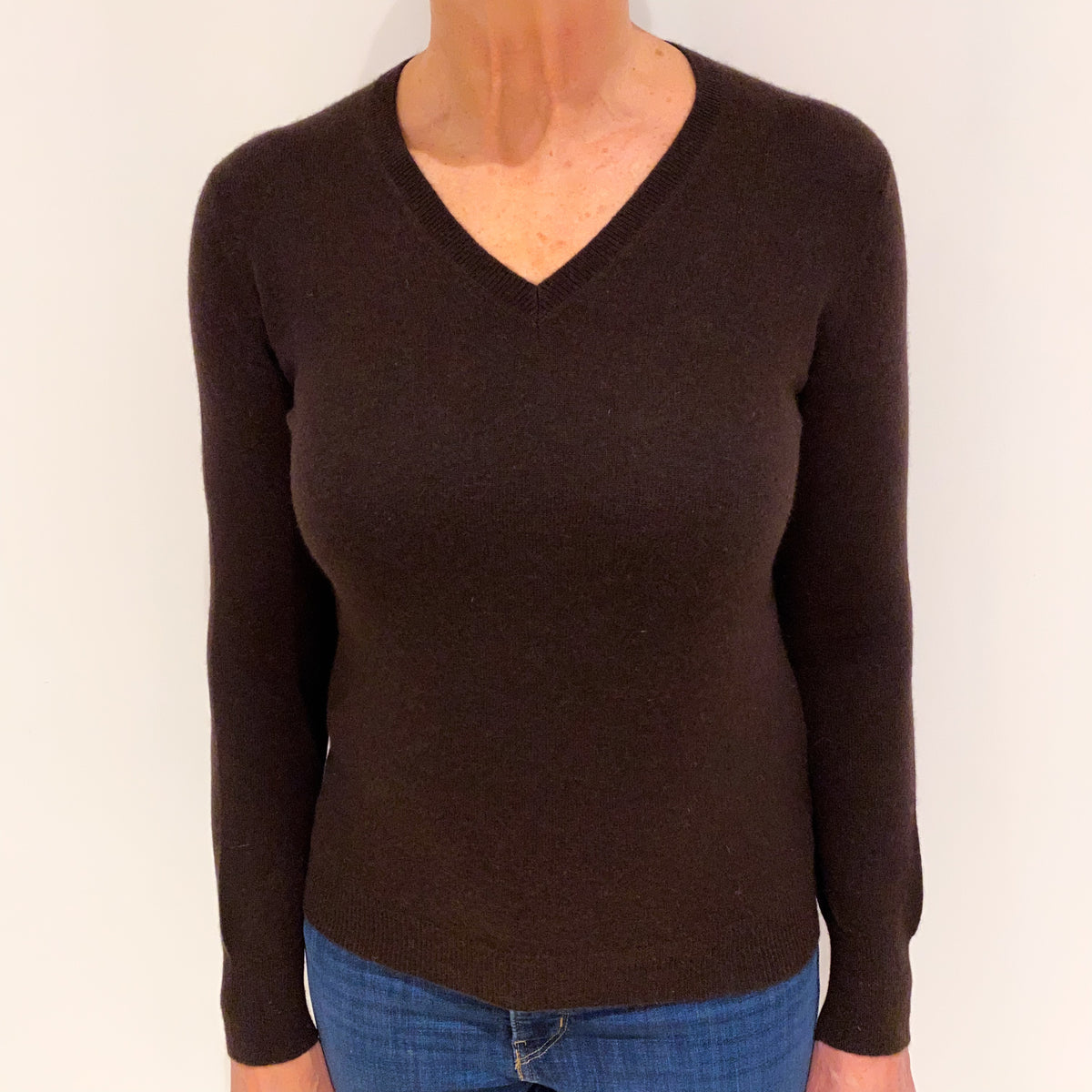 Dark Chocolate Brown Cashmere V Neck Jumper Medium
