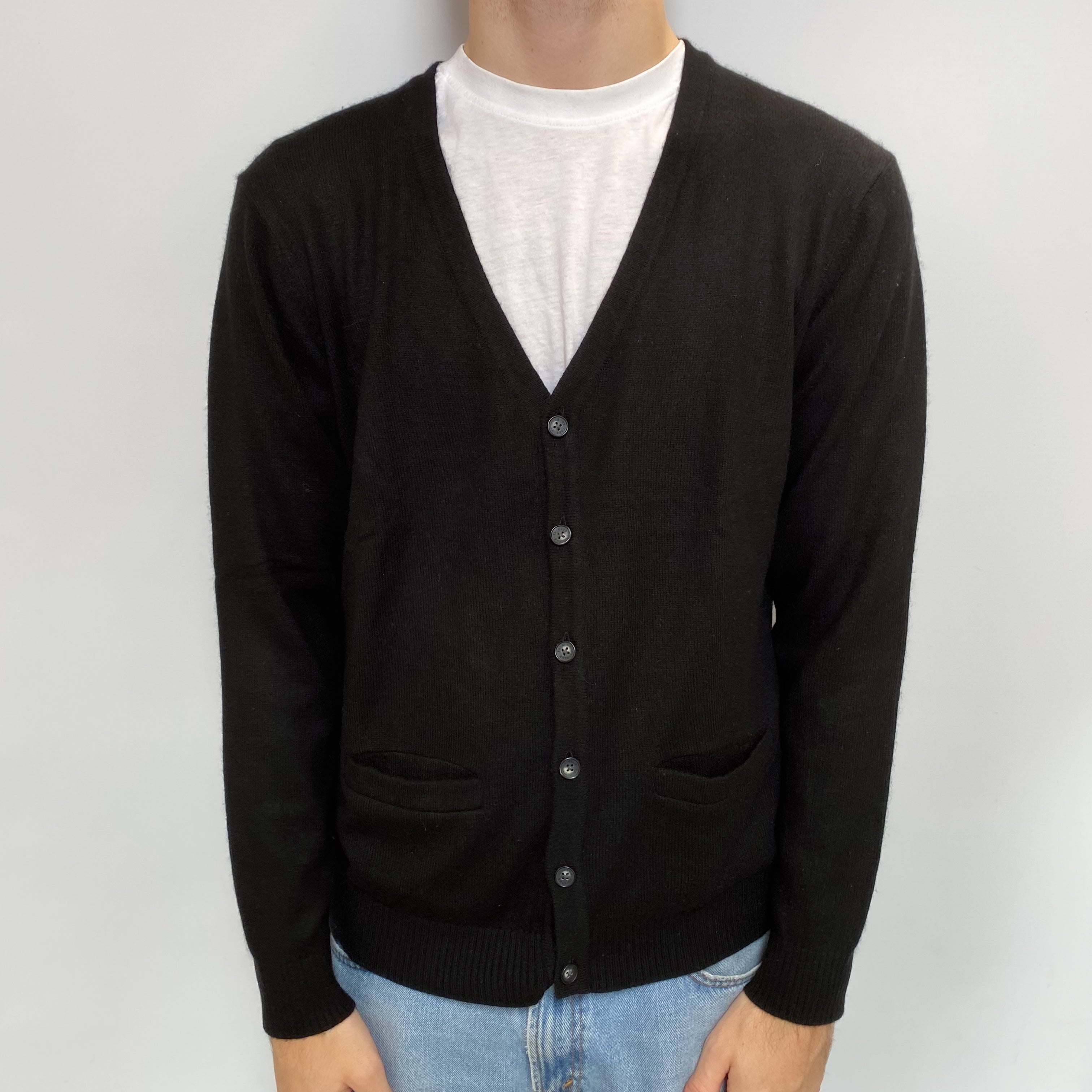 Men's Black Cashmere V Neck Cardigan  Medium