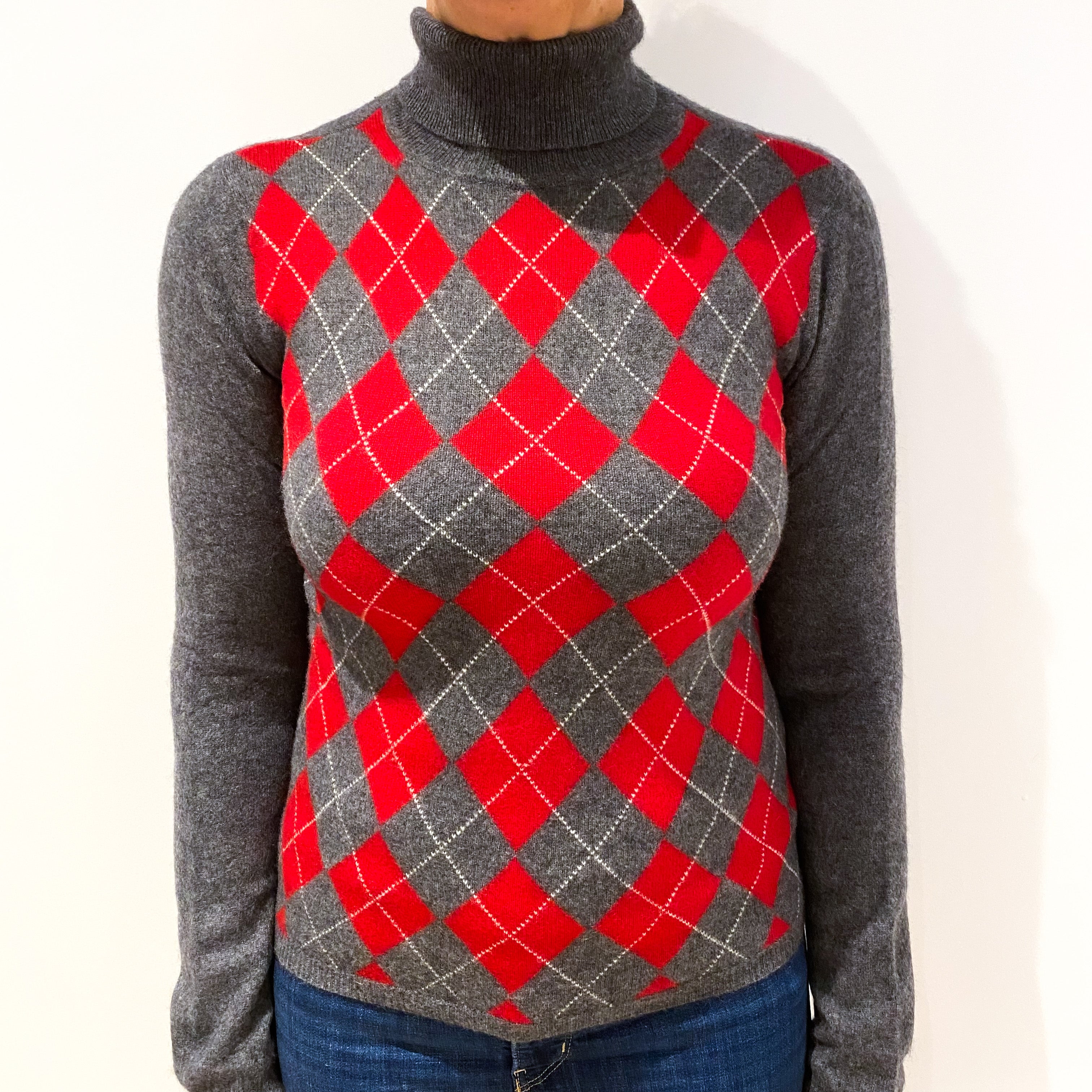 Slate Grey Red Argyle Cashmere Polo Neck Jumper Medium