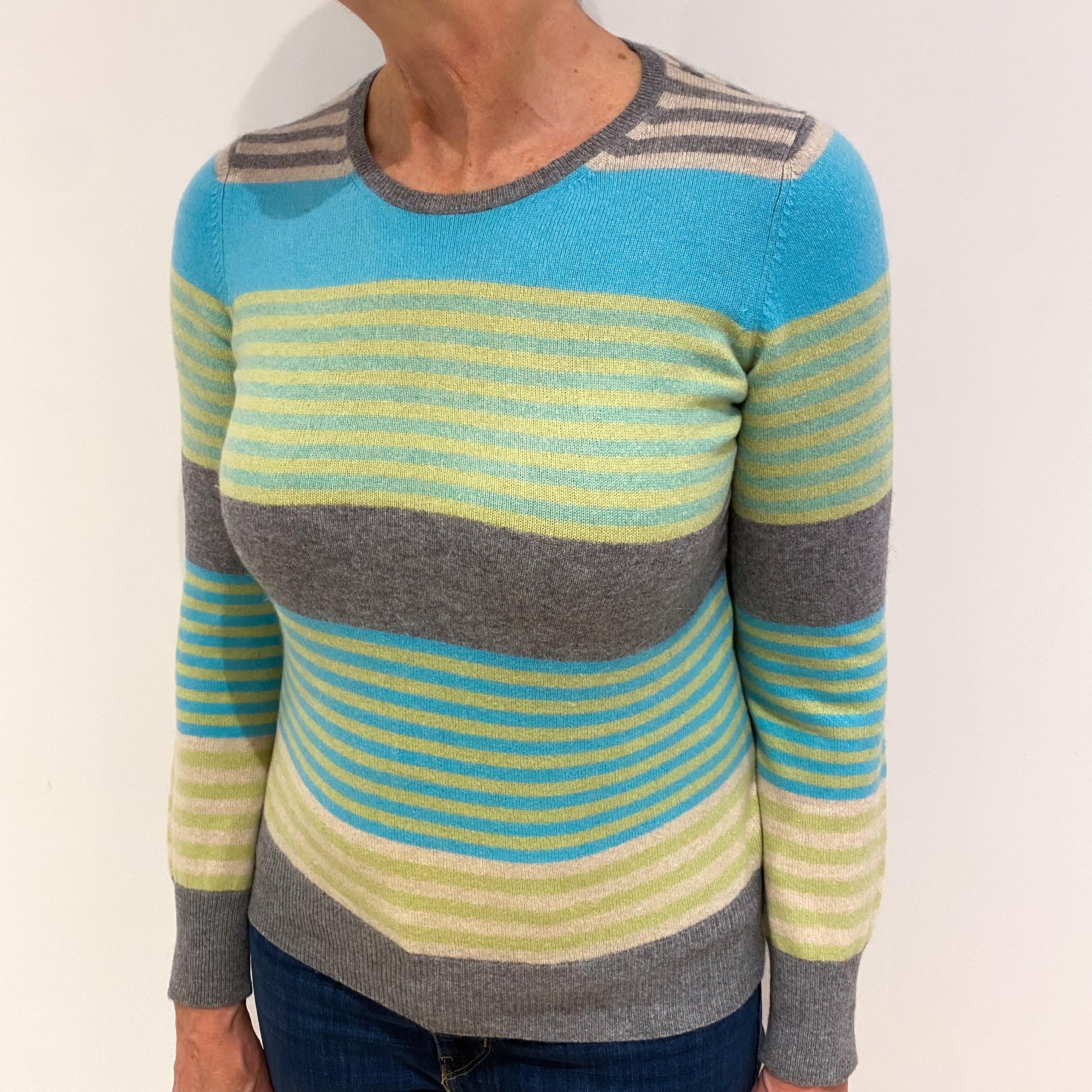 Turquoise Green & Grey Stripe Cashmere Crew Neck Cardigan Medium
