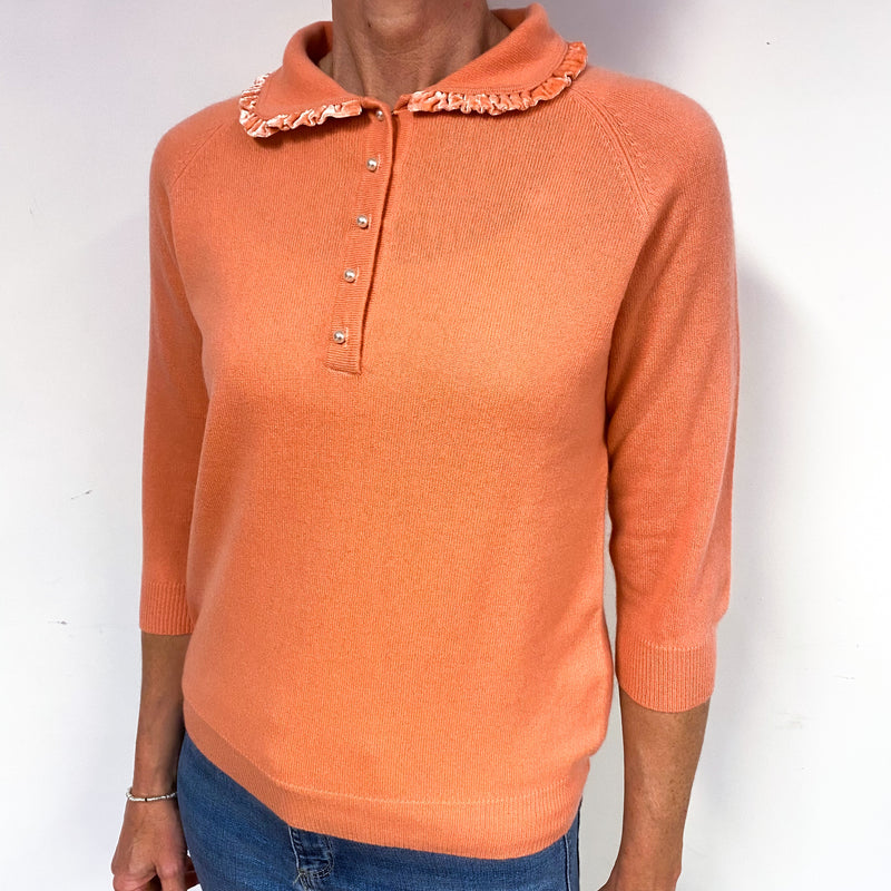 Coral Orange Cashmere Velvet Trim Collared Jumper Medium