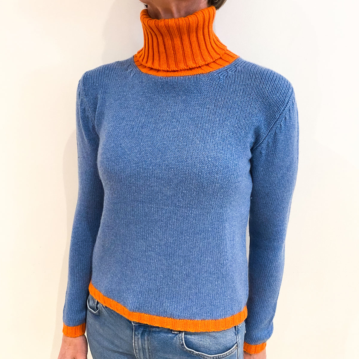 Italian Bereta Blue And Orange Cashmere Polo Neck Jumper Small