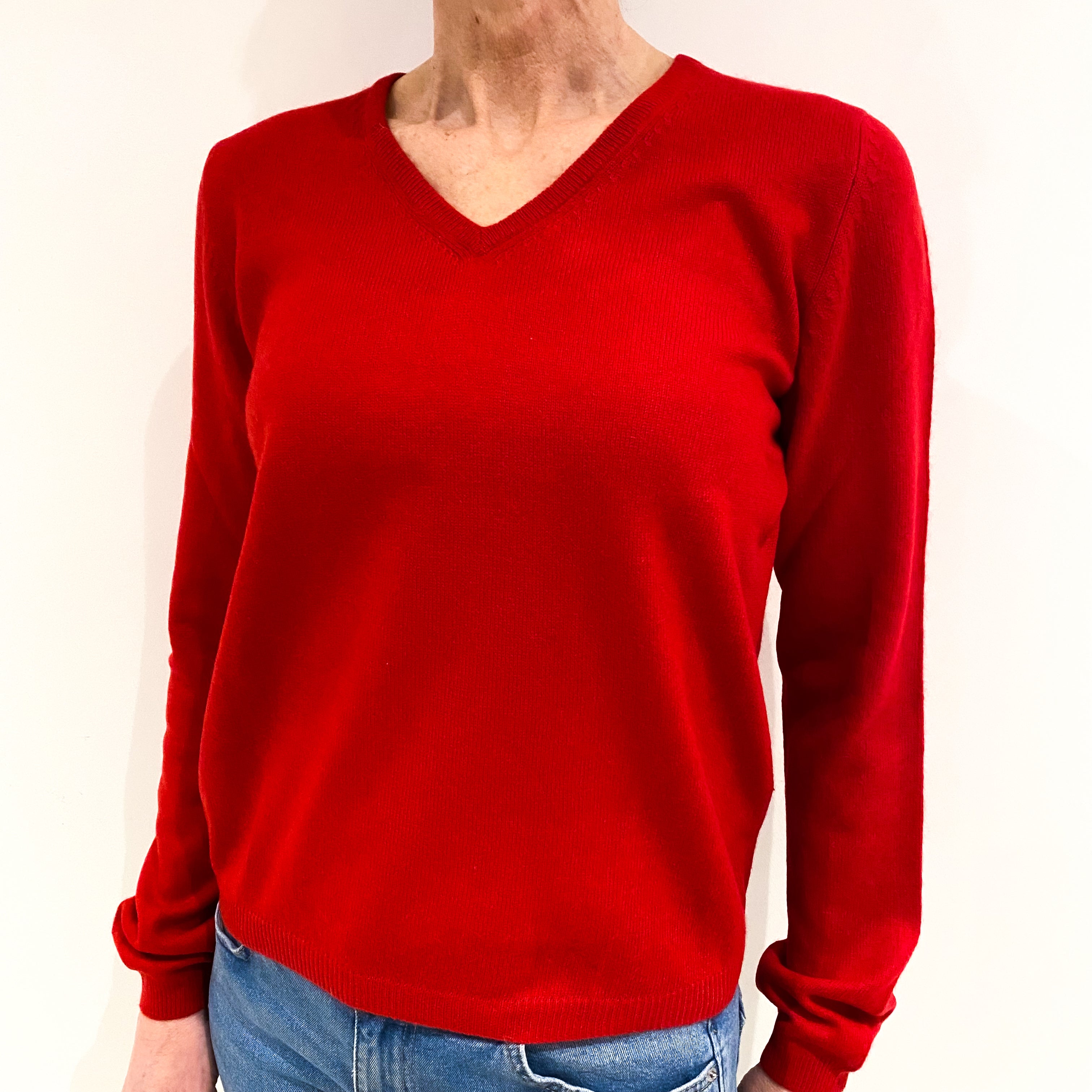 Scarlet Red Cashmere V Neck Jumper Small