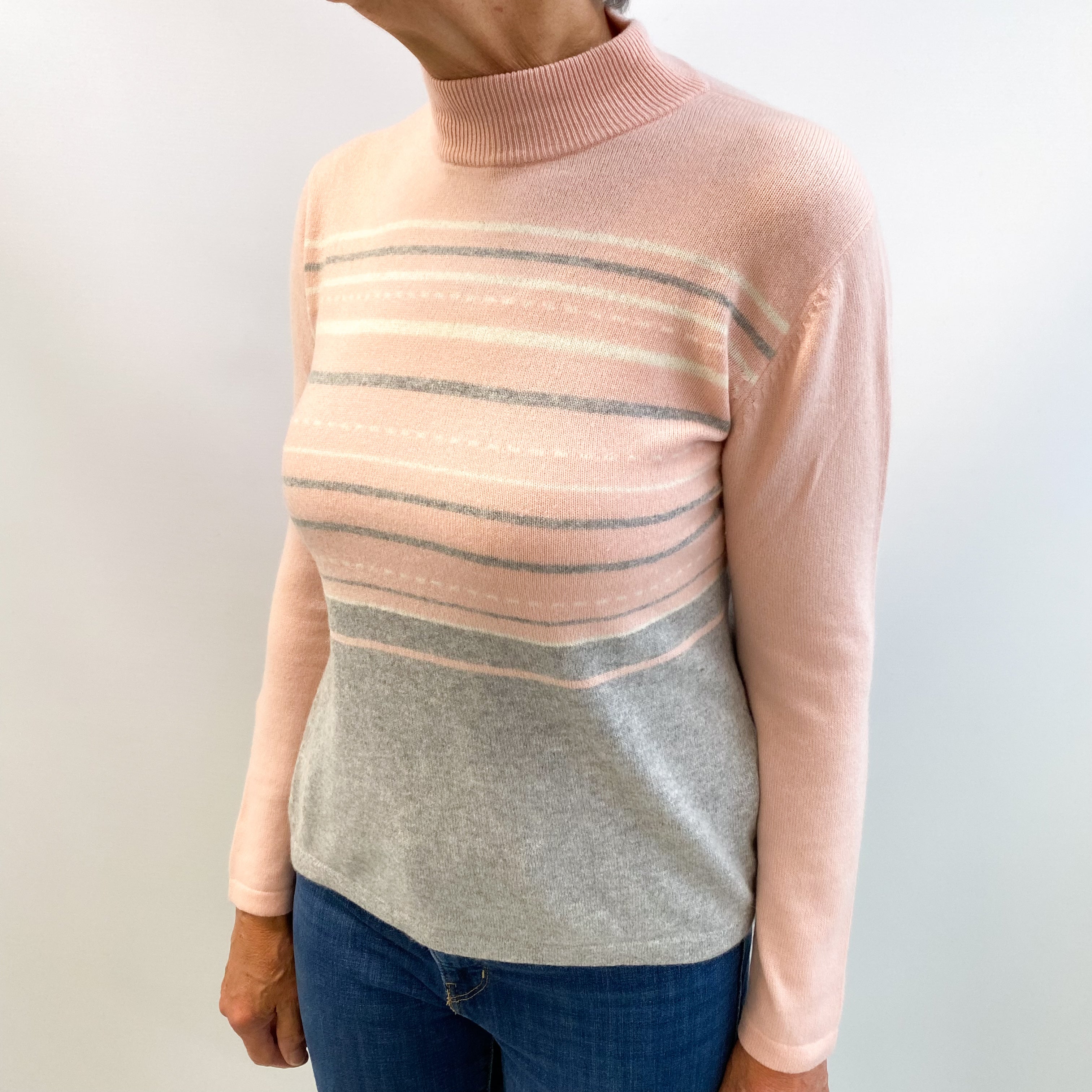 Shell Pink and Grey Striped Cashmere Turtle Neck Jumper Medium
