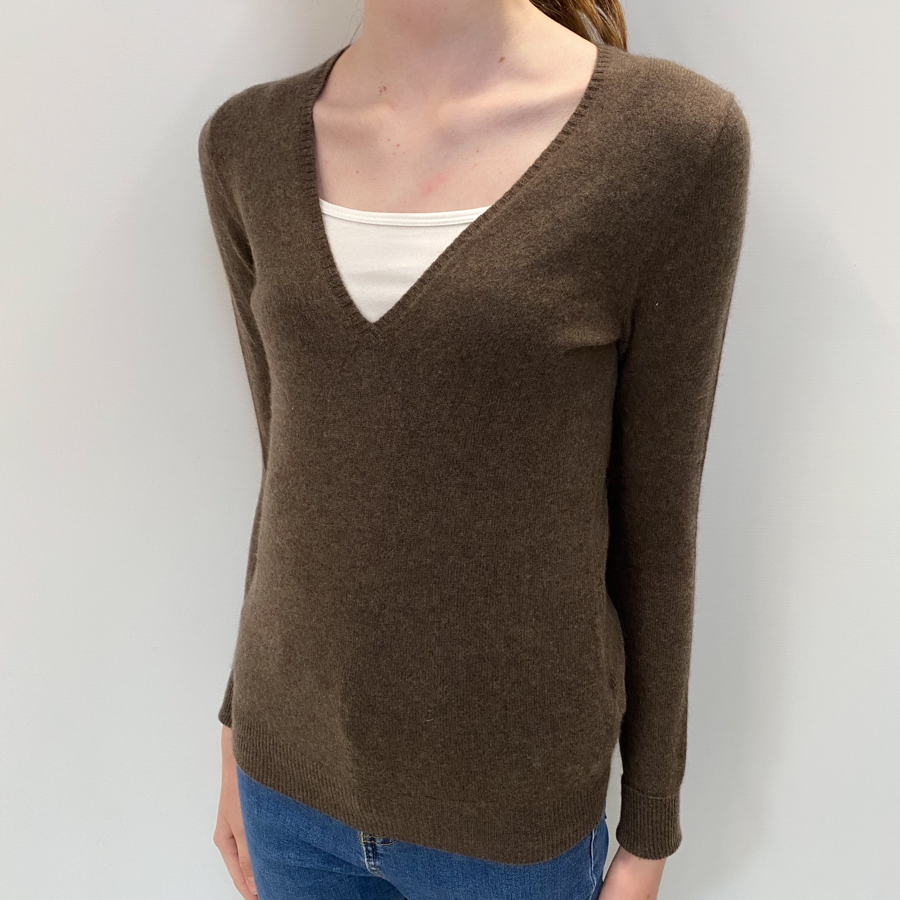 Mole Brown Cashmere V Neck Jumper Extra Small