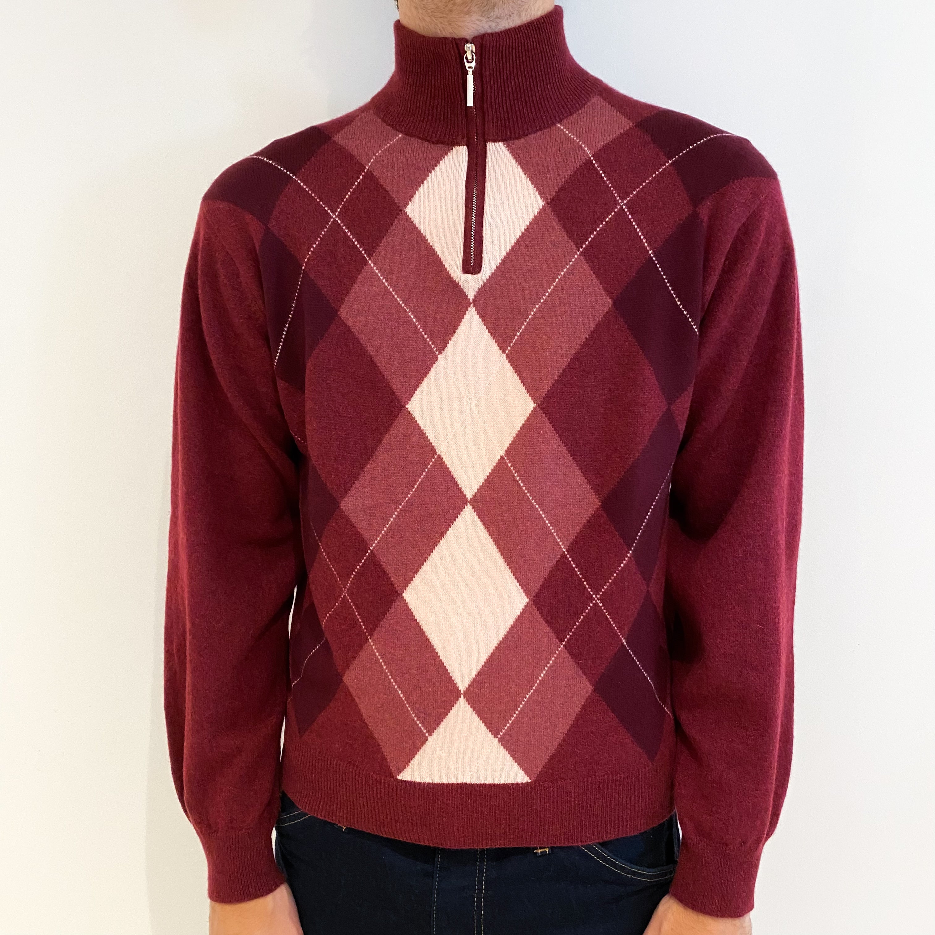 Men's Mulberry Red Argyle Cashmere 1/4 Zip Jumper Medium