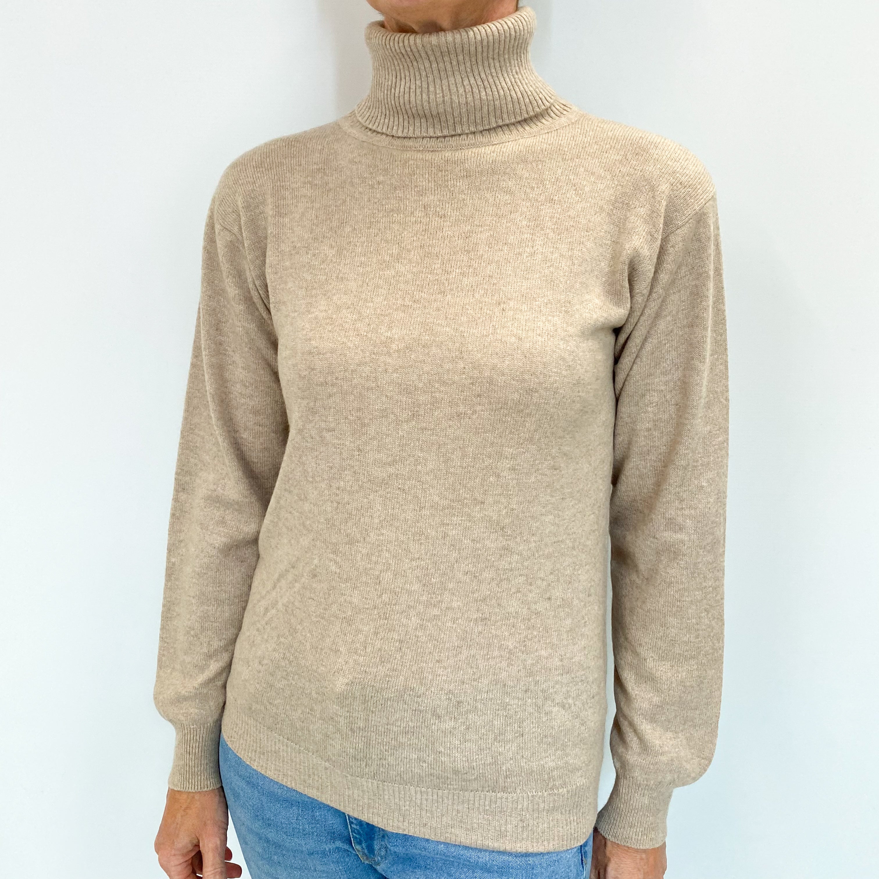Oatmeal Beige Cashmere Polo Neck Jumper Small