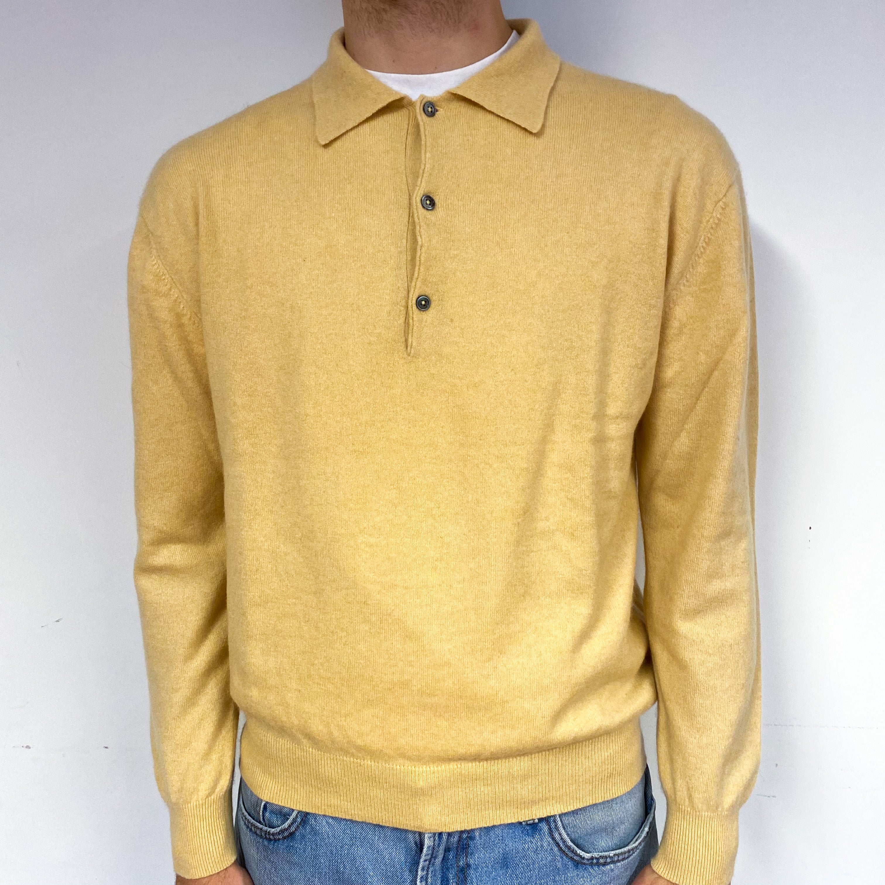Men's Pale Apricot Cashmere Collared 1/4 Button Jumper Large