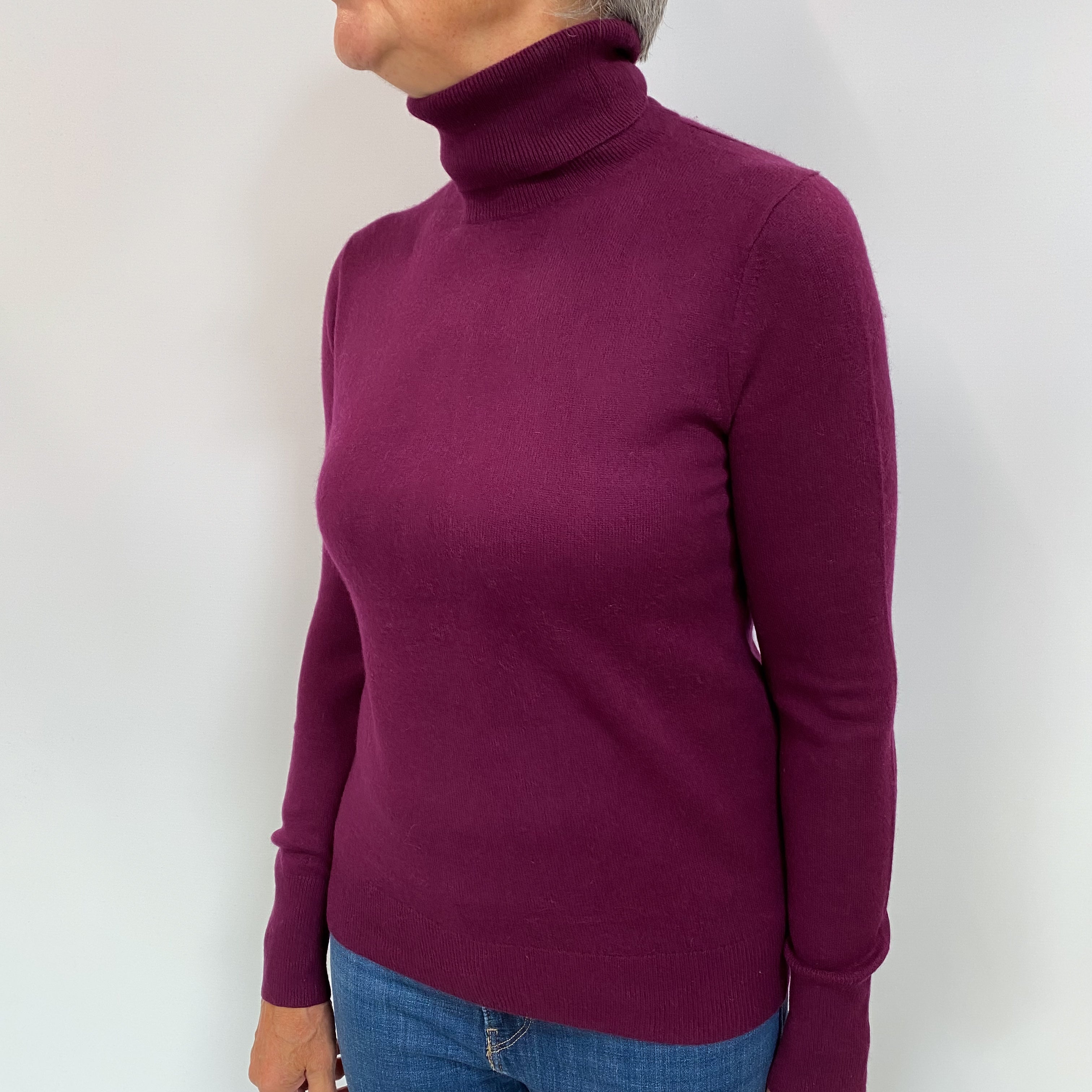 Aubergine Purple Cashmere Polo Neck Jumper Medium
