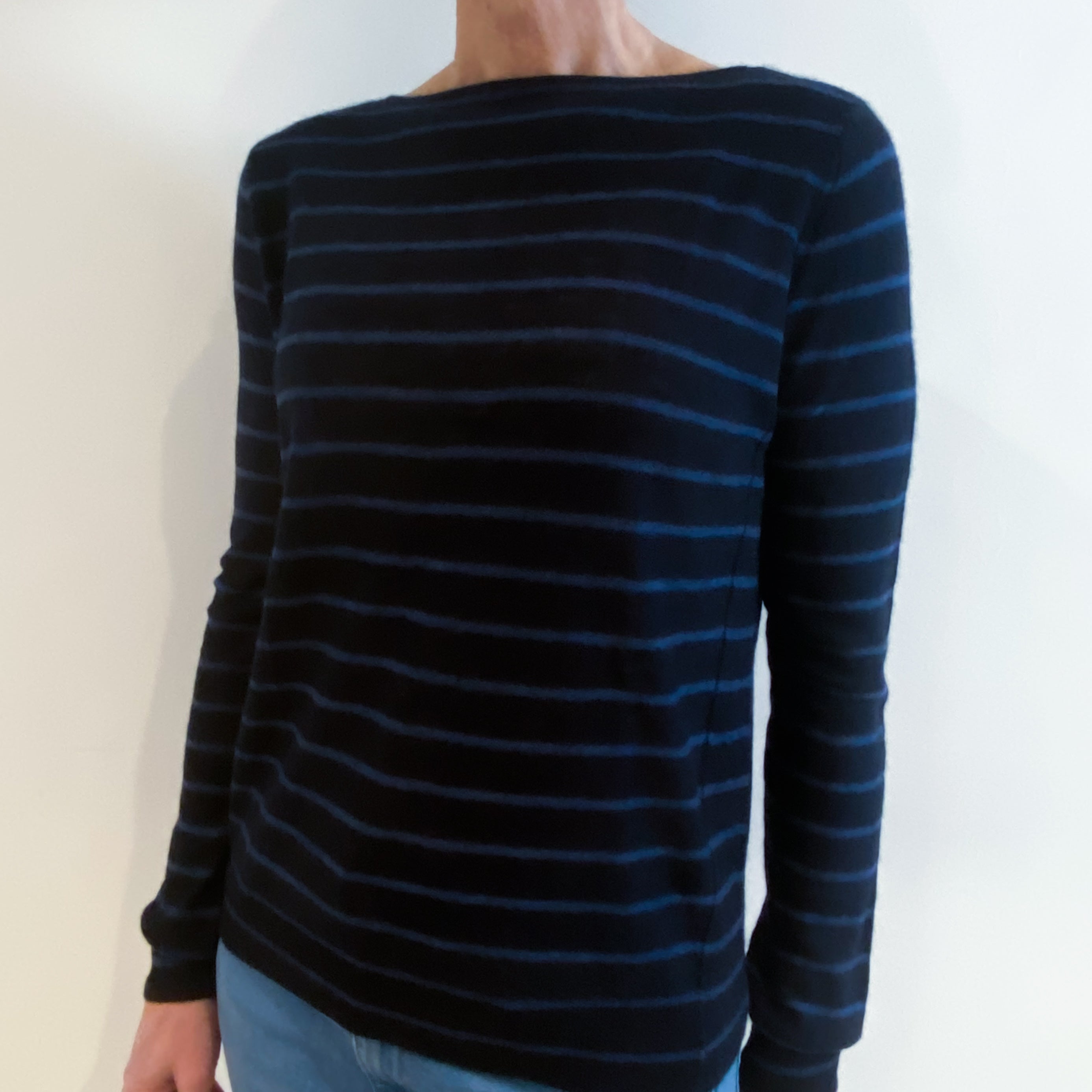 Dark Navy and Navy Striped Lightweight Cashmere Boat Neck Jumper Small