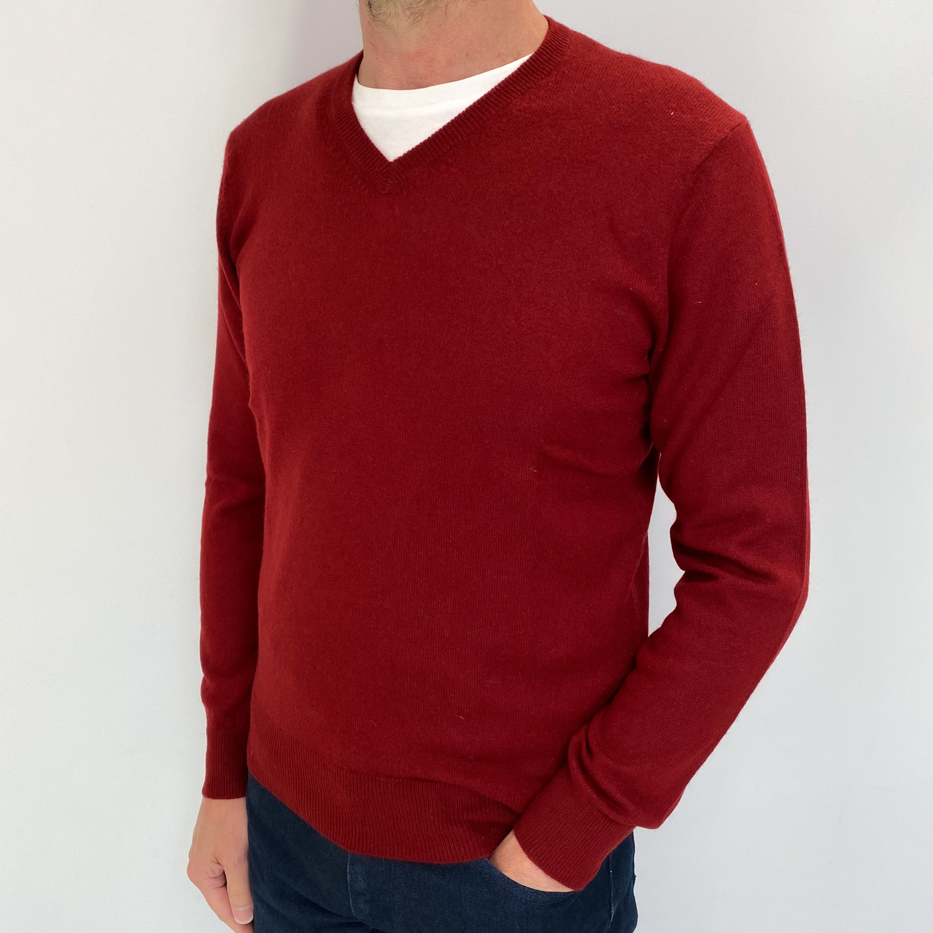 Men's Maroon Red Cashmere V Neck Jumper Small
