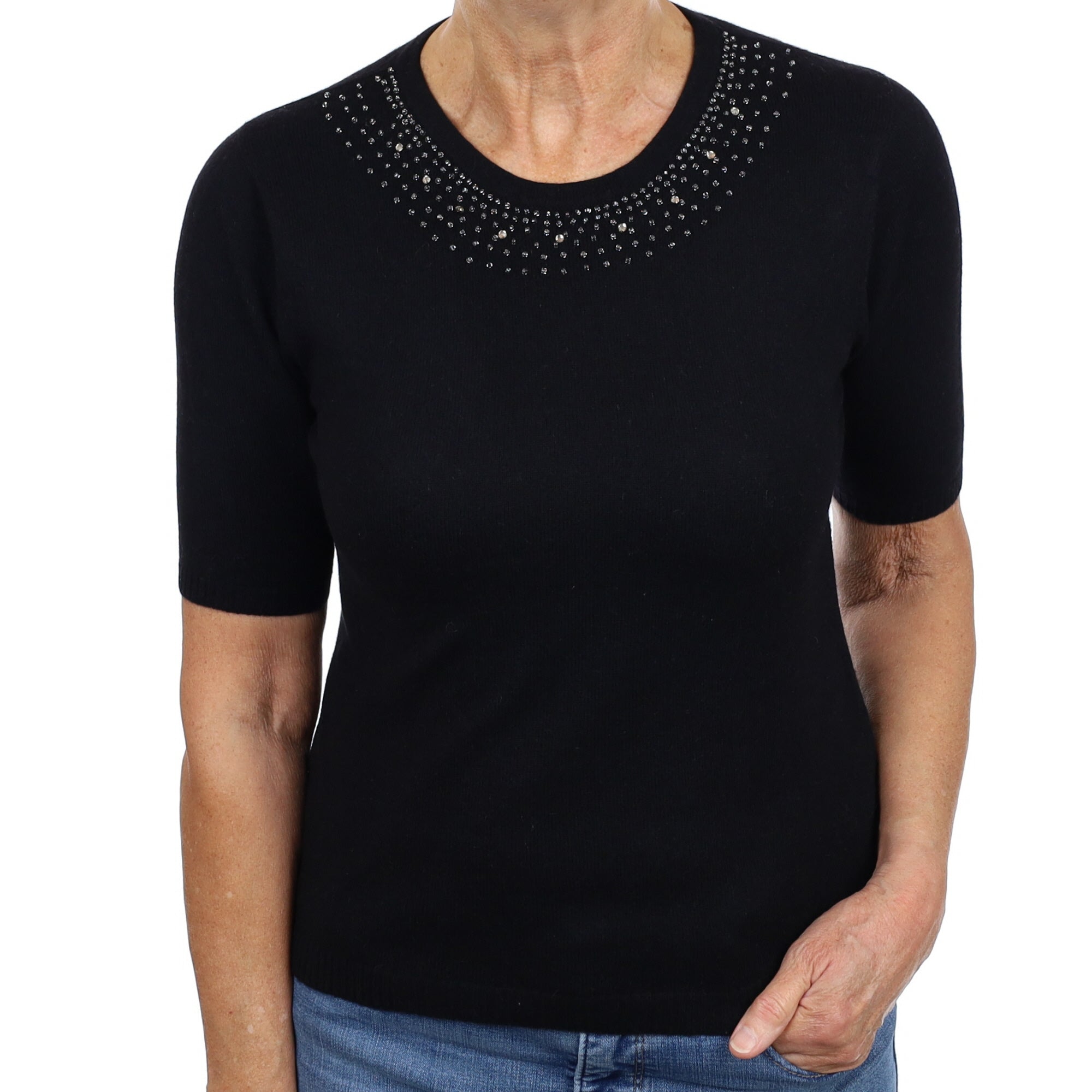 Black Embellished Cashmere Short Sleeve Crew Neck Jumper Medium