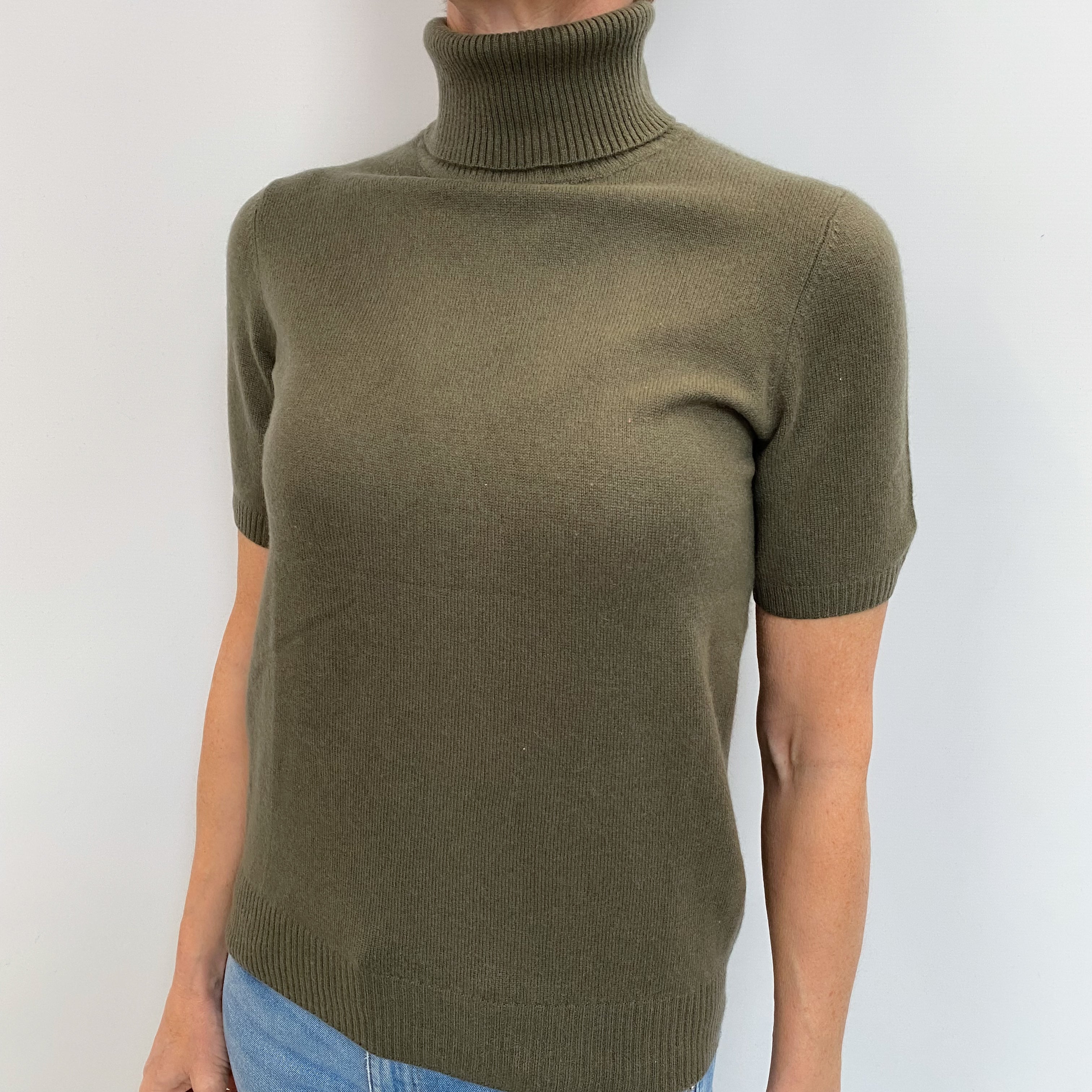 Khaki Cashmere Short Sleeved Polo Neck Jumper Small