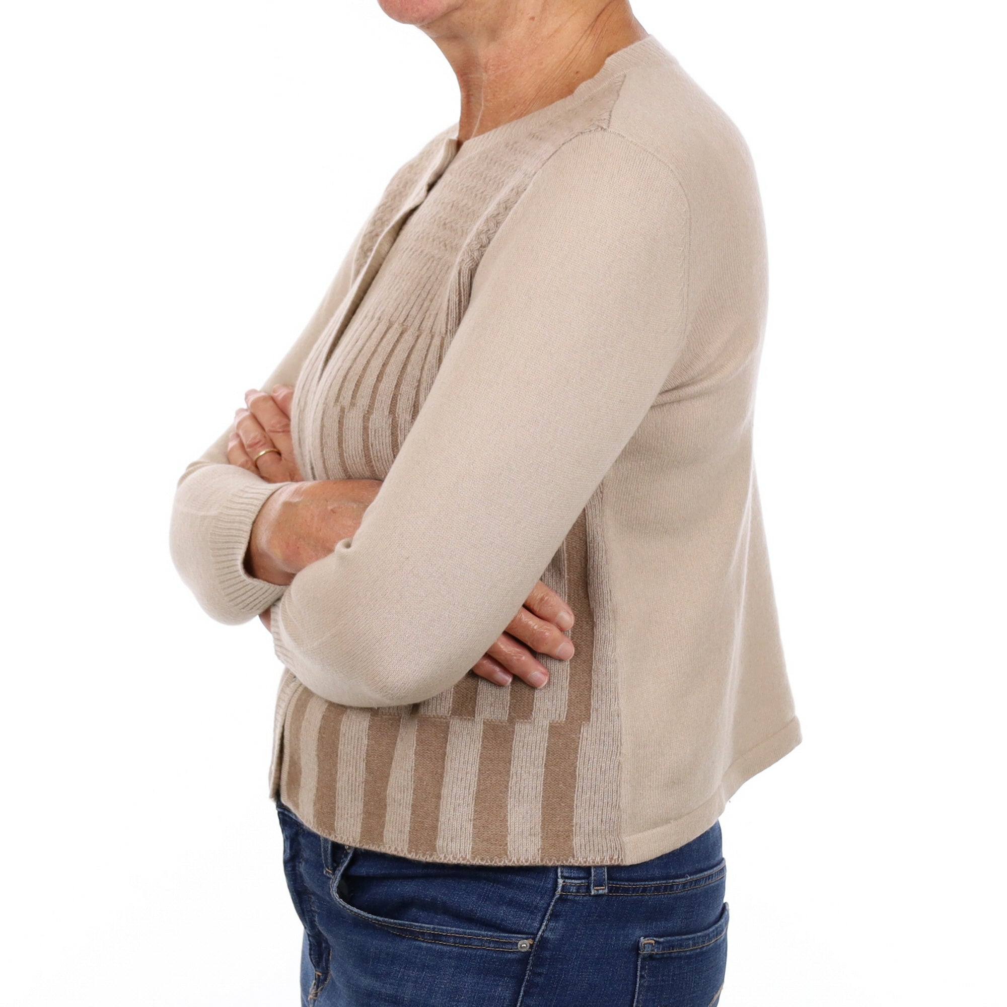 Fawn Beige Textured Cashmere Crew Neck Cardigan Medium
