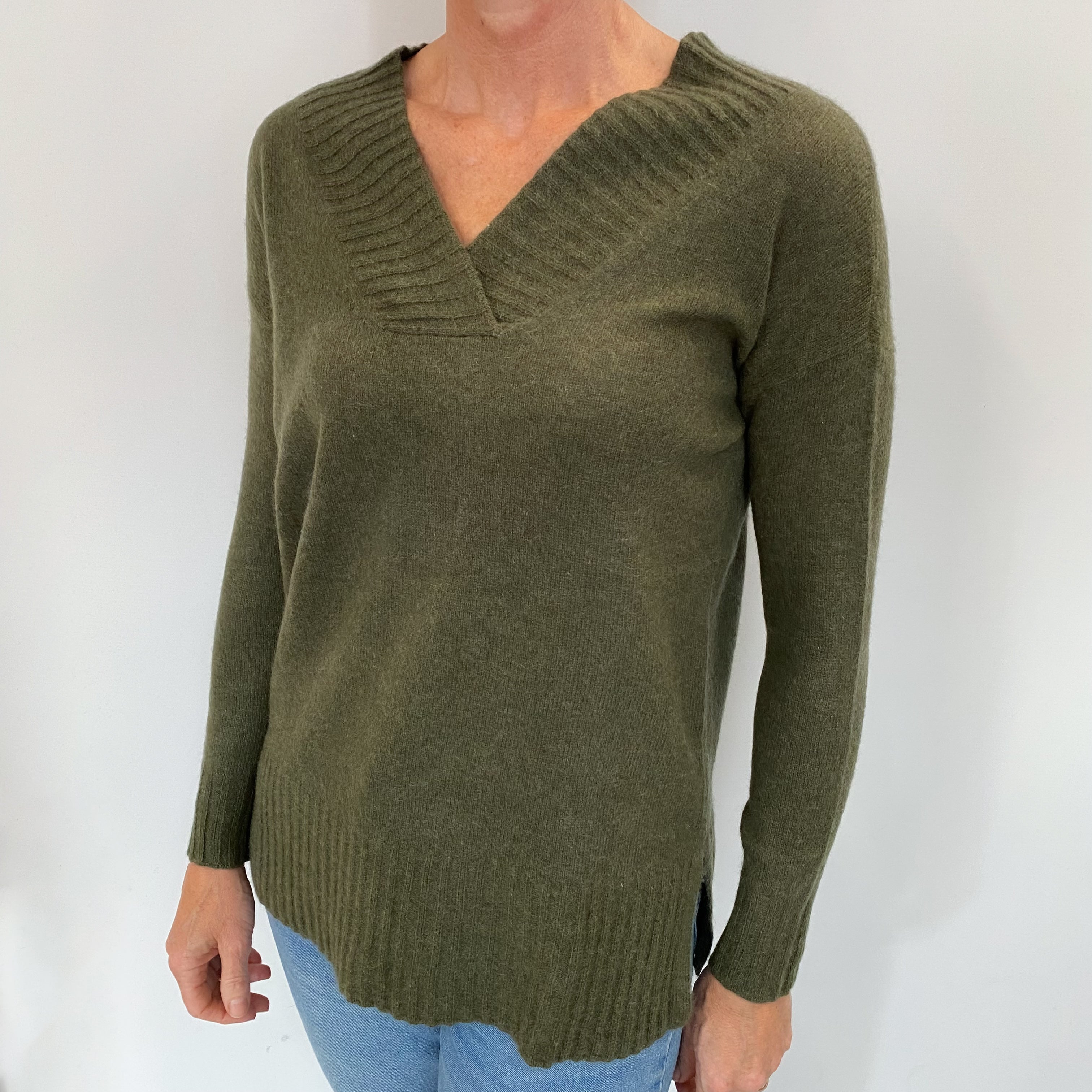 Khaki Green Cashmere V Neck Jumper Small