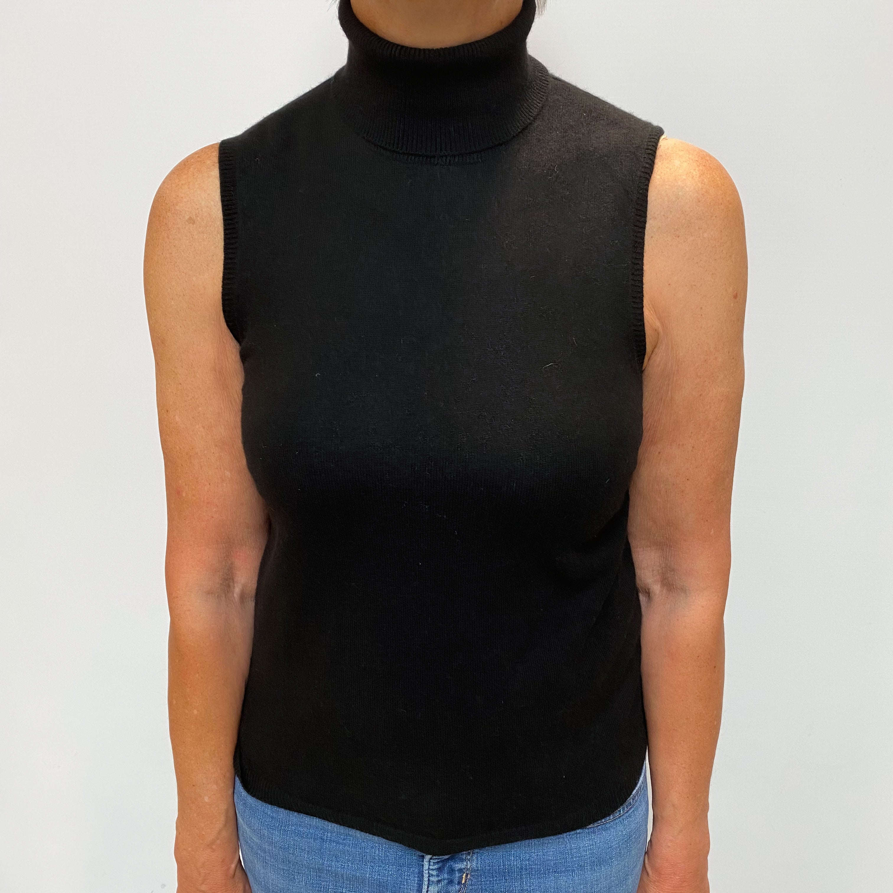 Black Cashmere Polo Neck Sleeveless Jumper Medium