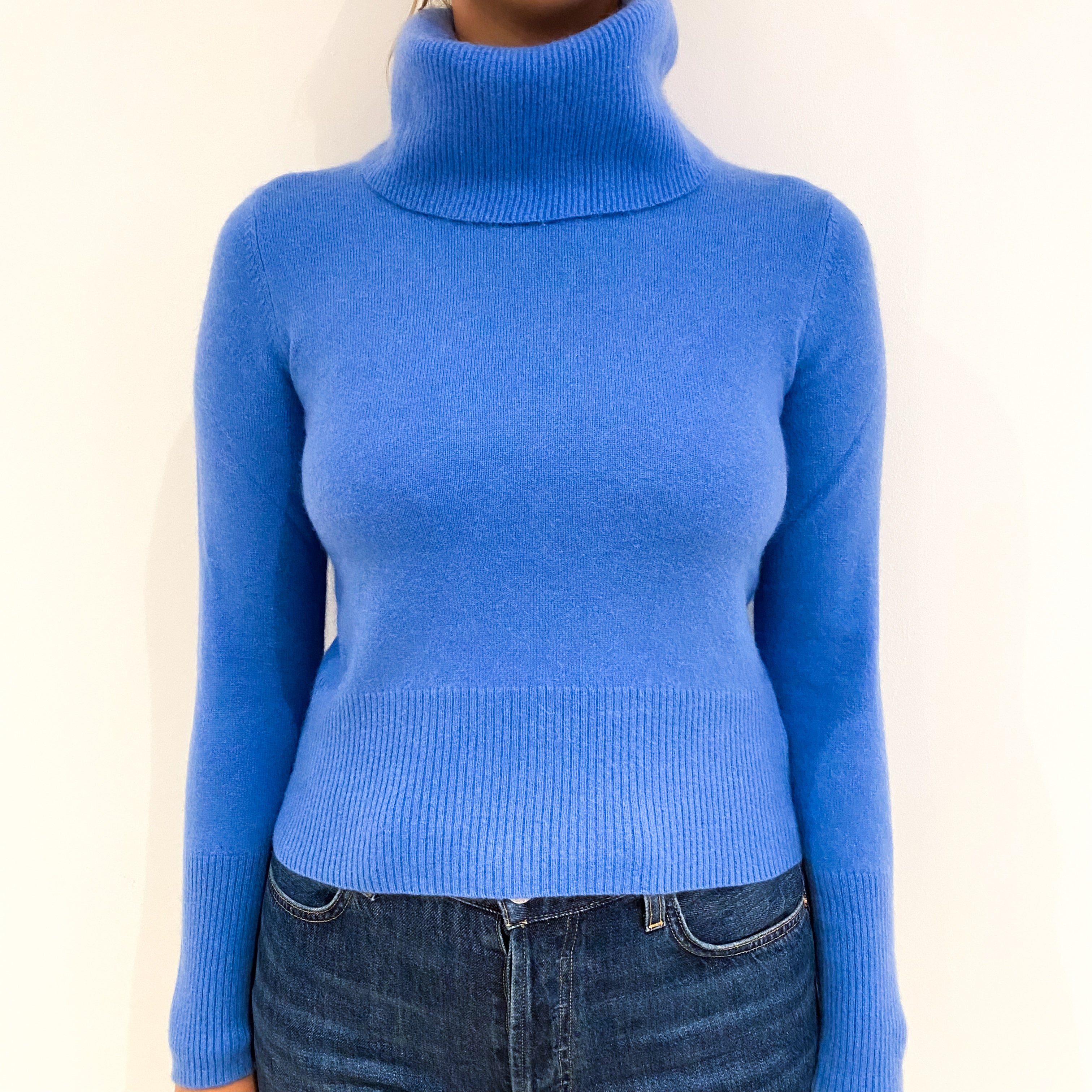 Tanzanite Blue Cashmere Polo Neck Jumper Small