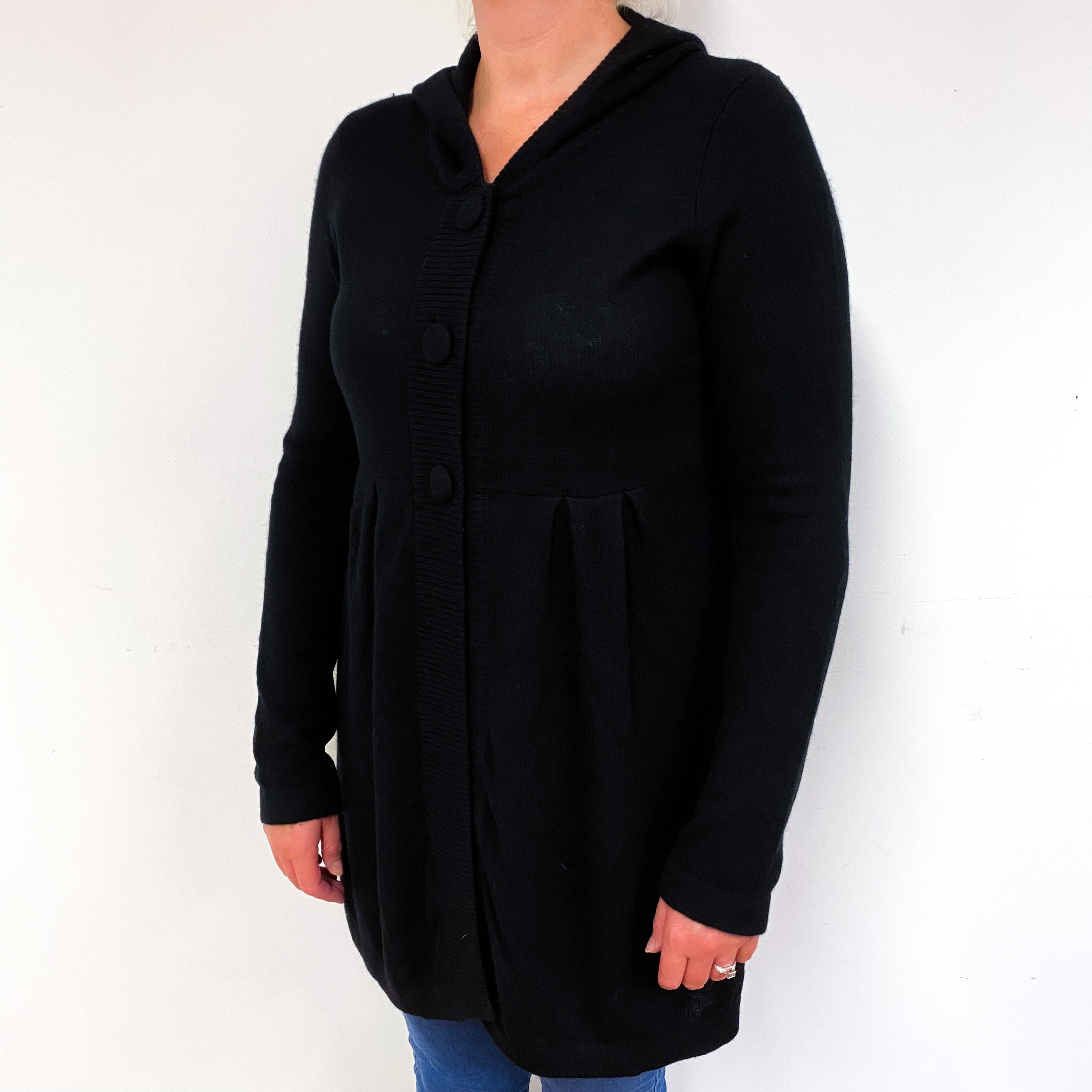 Black Cashmere Long Empire Cardigan with Hood Large