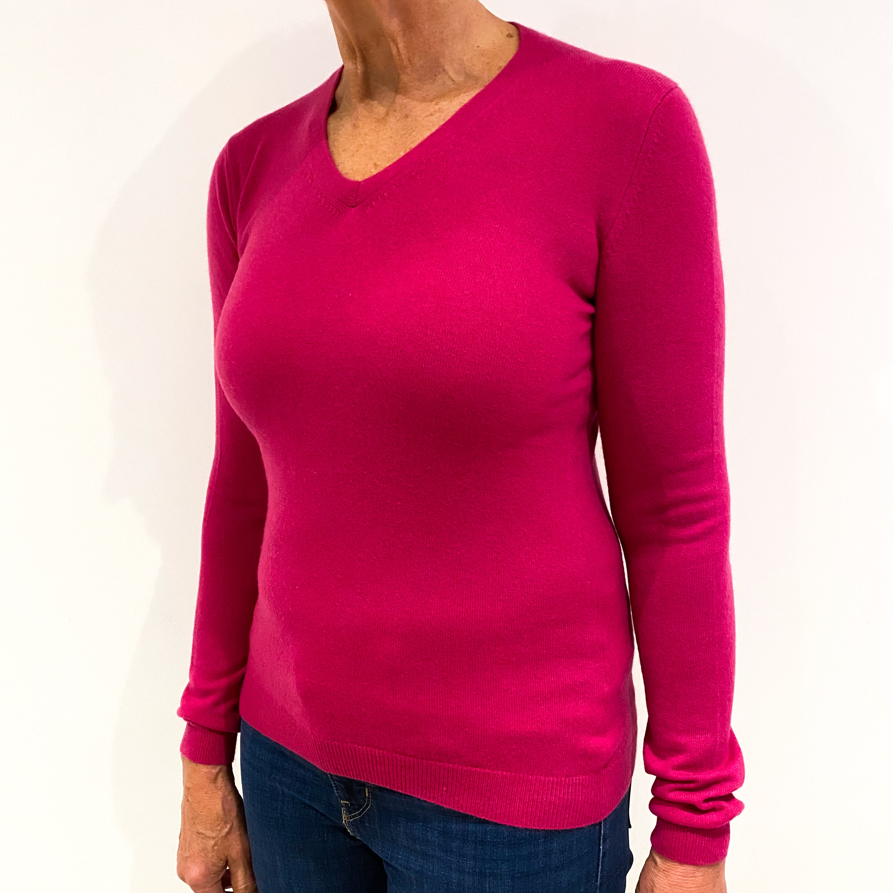 Fuchsia Pink Cashmere V-Neck Jumper Medium