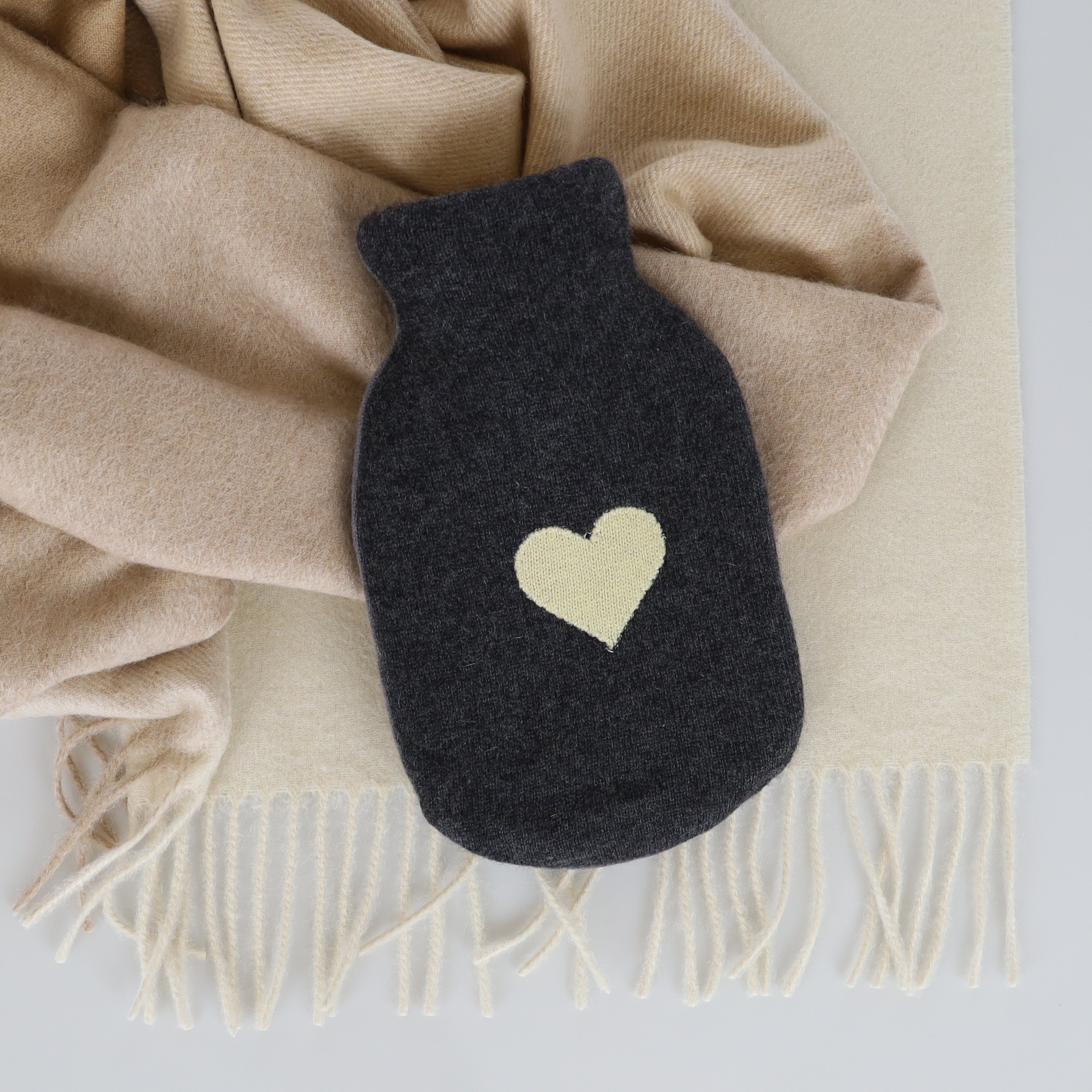 Charcoal Grey and Palest Yellow Cashmere Small Hot Water Bottle
