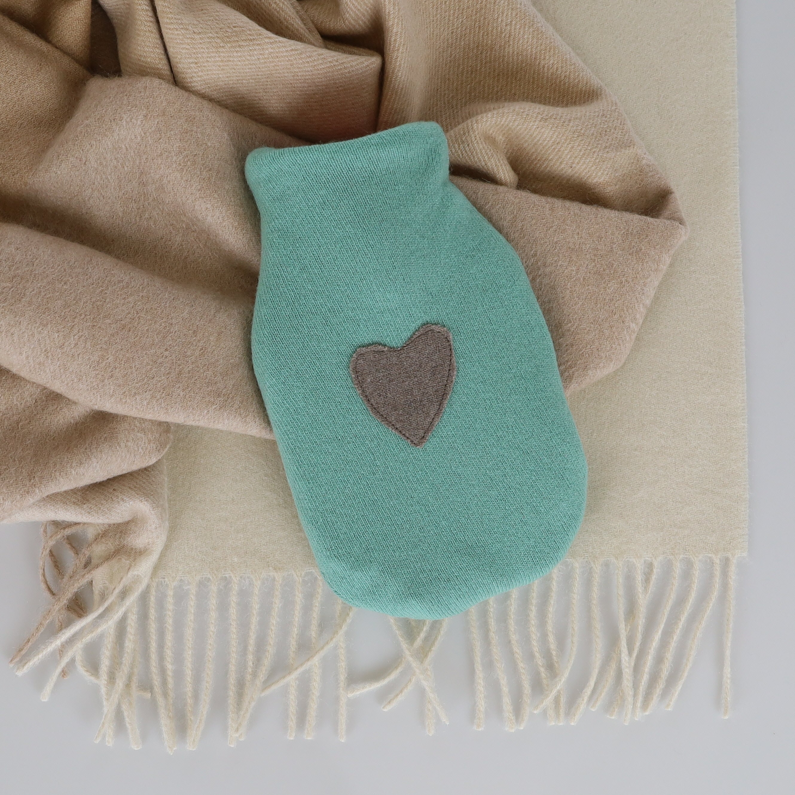 Aqua Green and Mole Brown Cashmere Small Hot Water Bottle