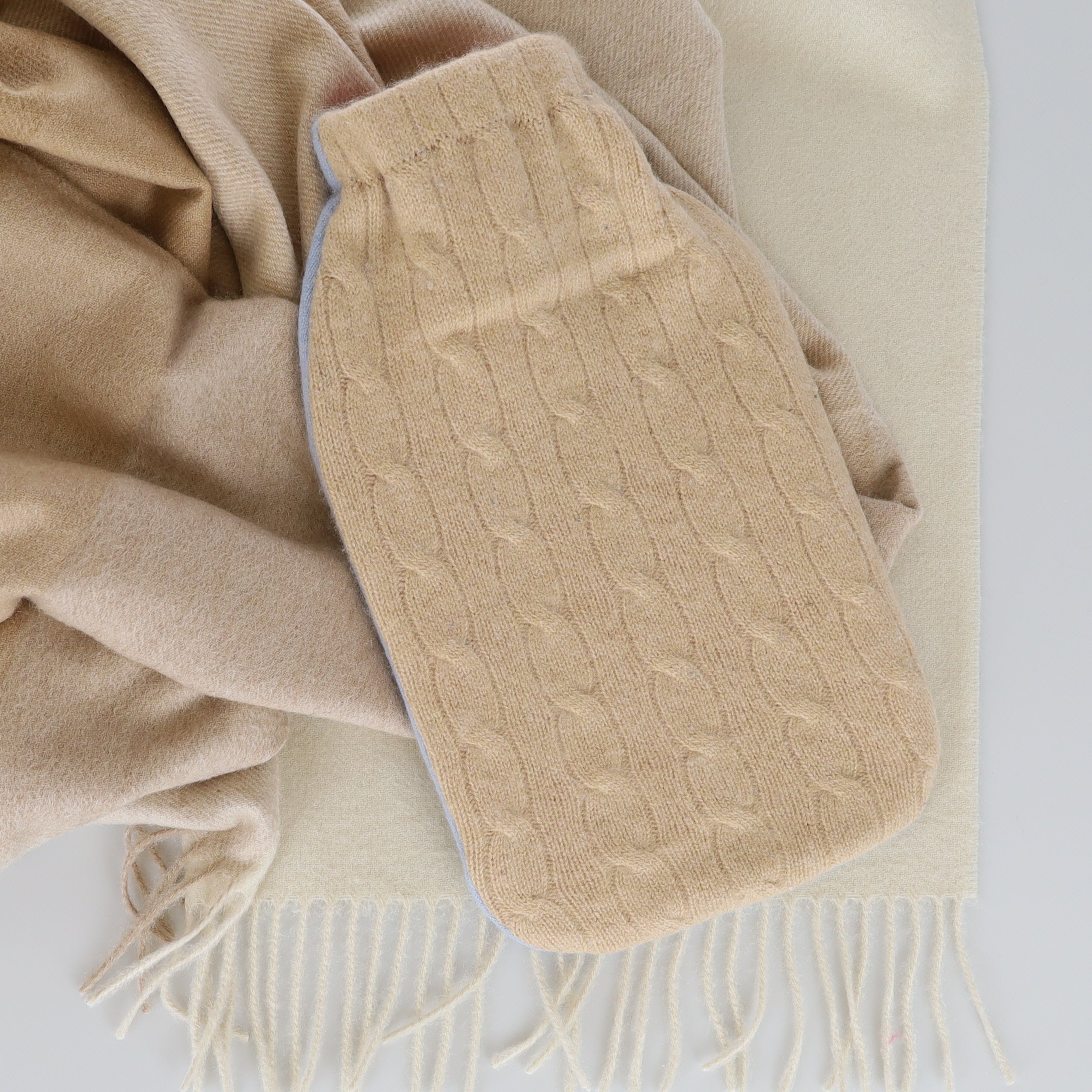Beige Cable and Ice Blue Large Cashmere Hot Water Bottle