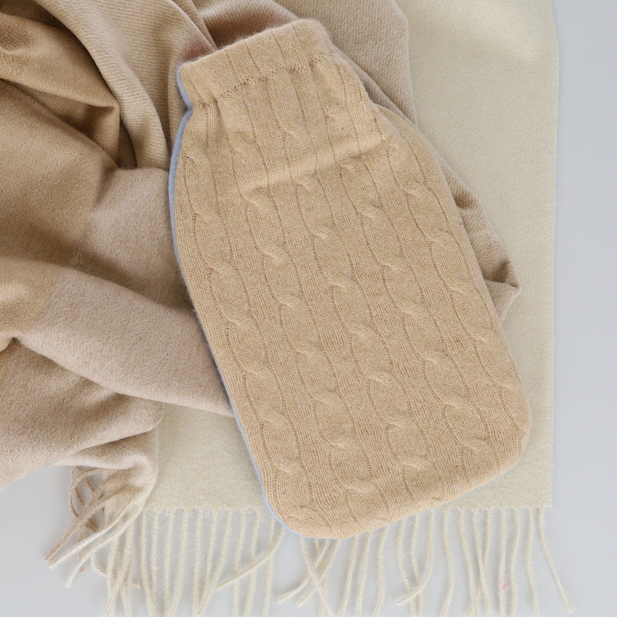 Beige Cable and Ice Blue Large Cashmere Hot Water Bottle