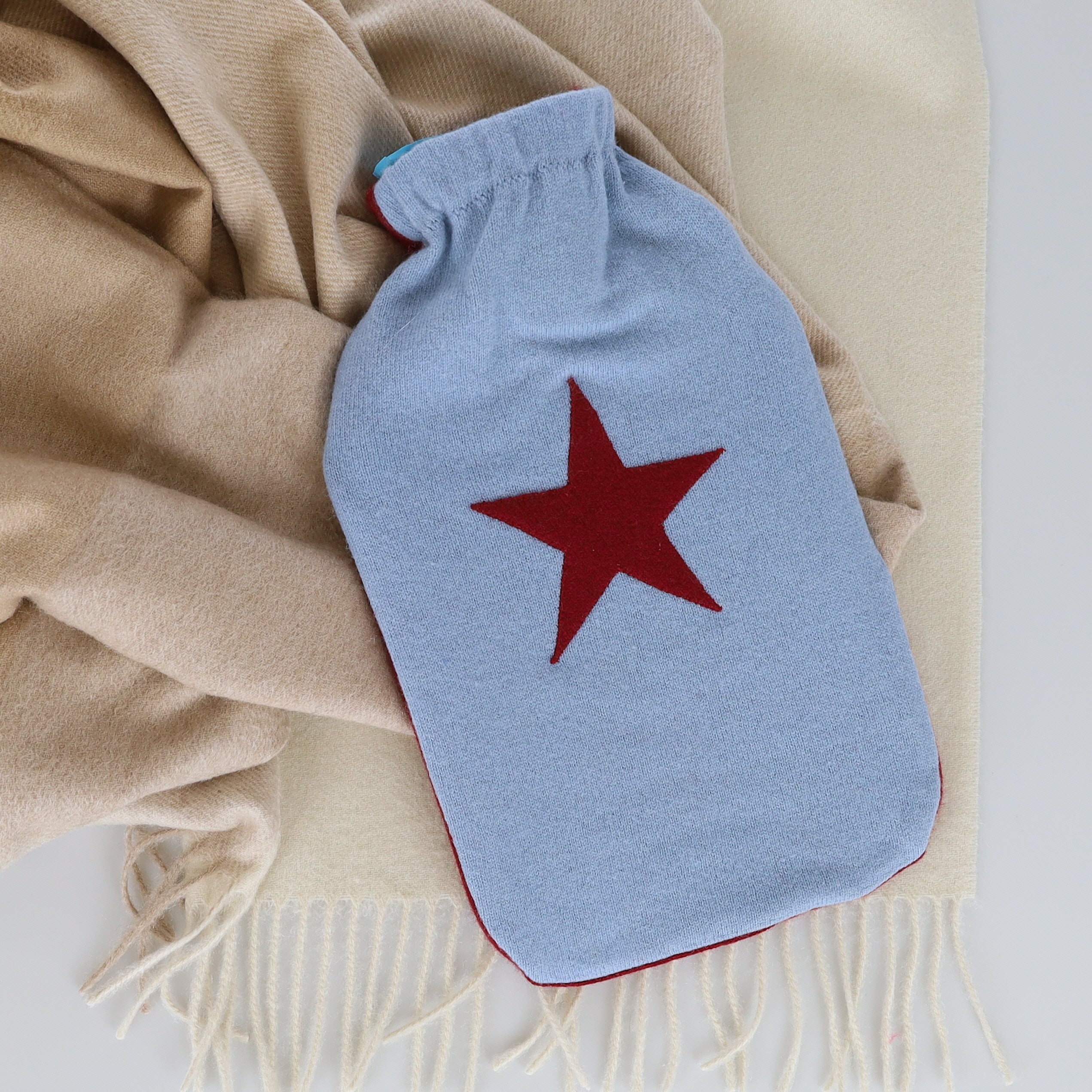 Sky Blue and Burgundy Star Large Cashmere Hot Water Bottle