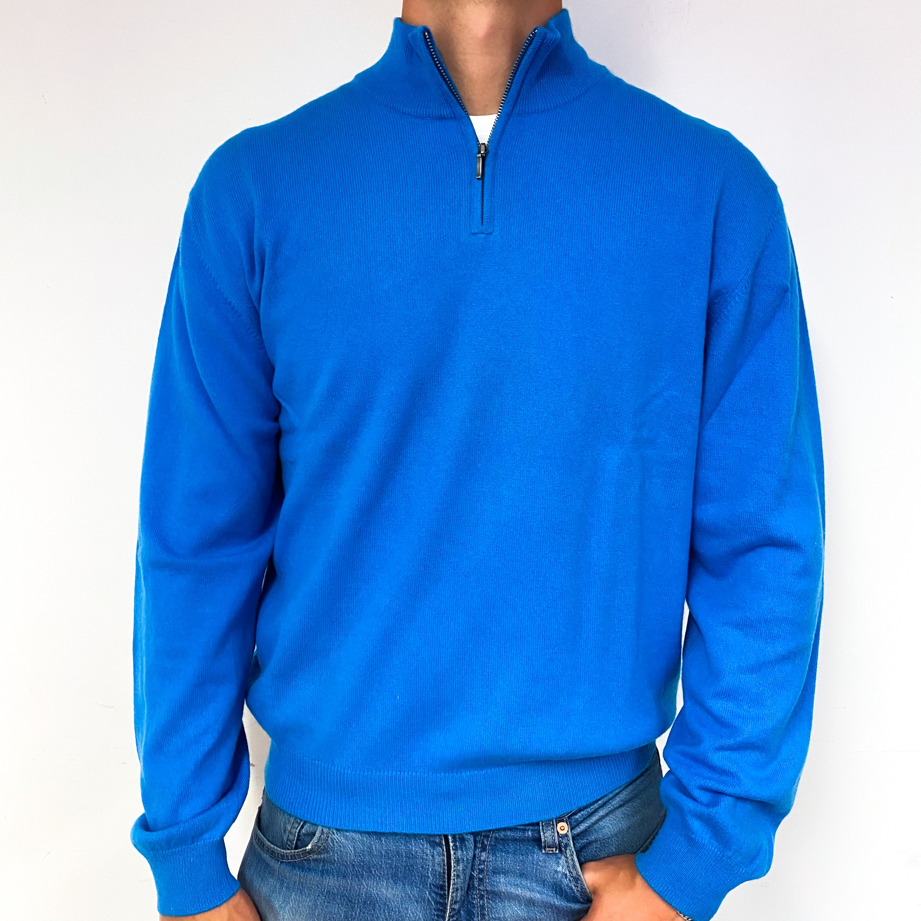 Men's Turquoise Blue Cashmere 1/4 Zip Jumper Extra Extra Large