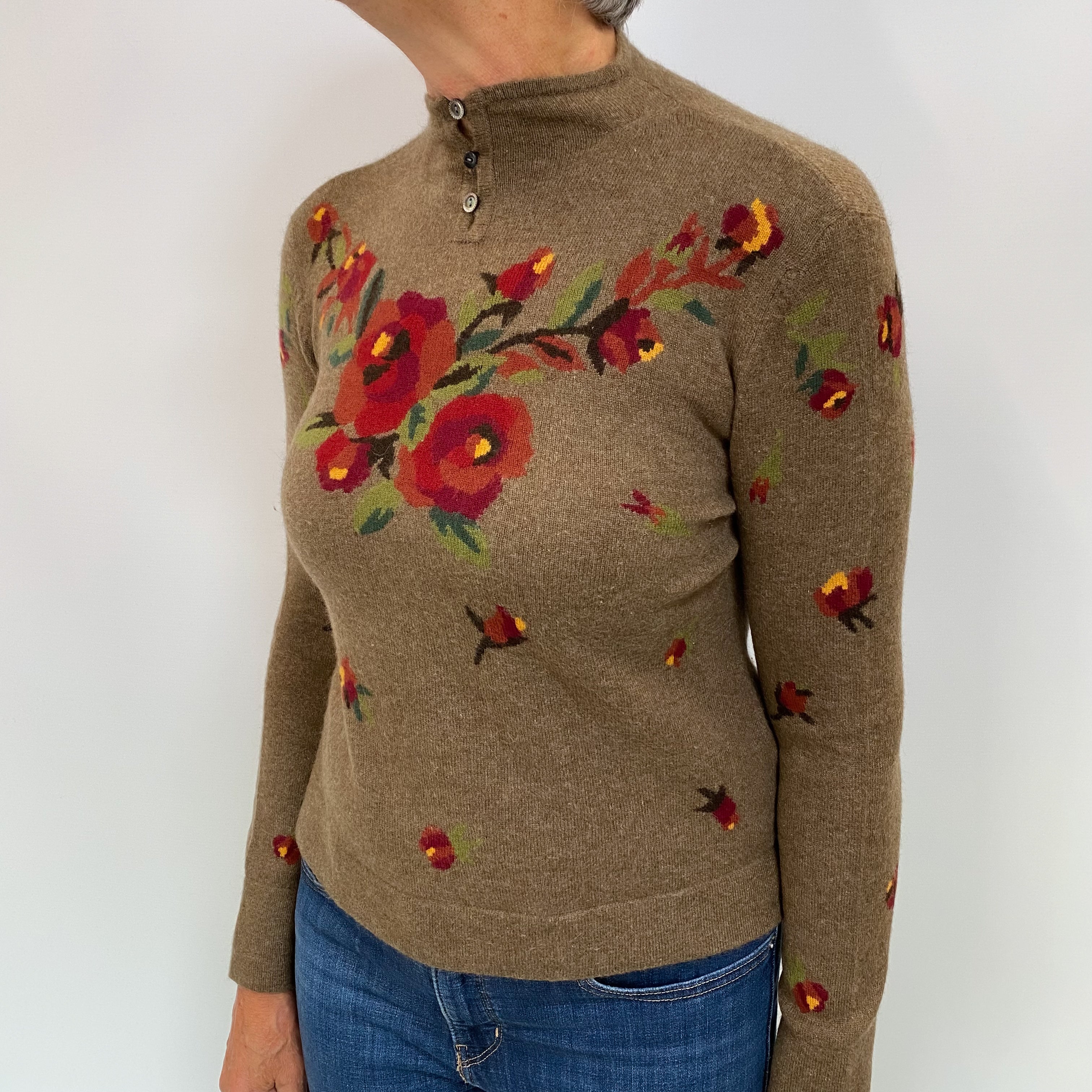 Olive Green Floral Cashmere Button Up Polo Neck Jumper Medium