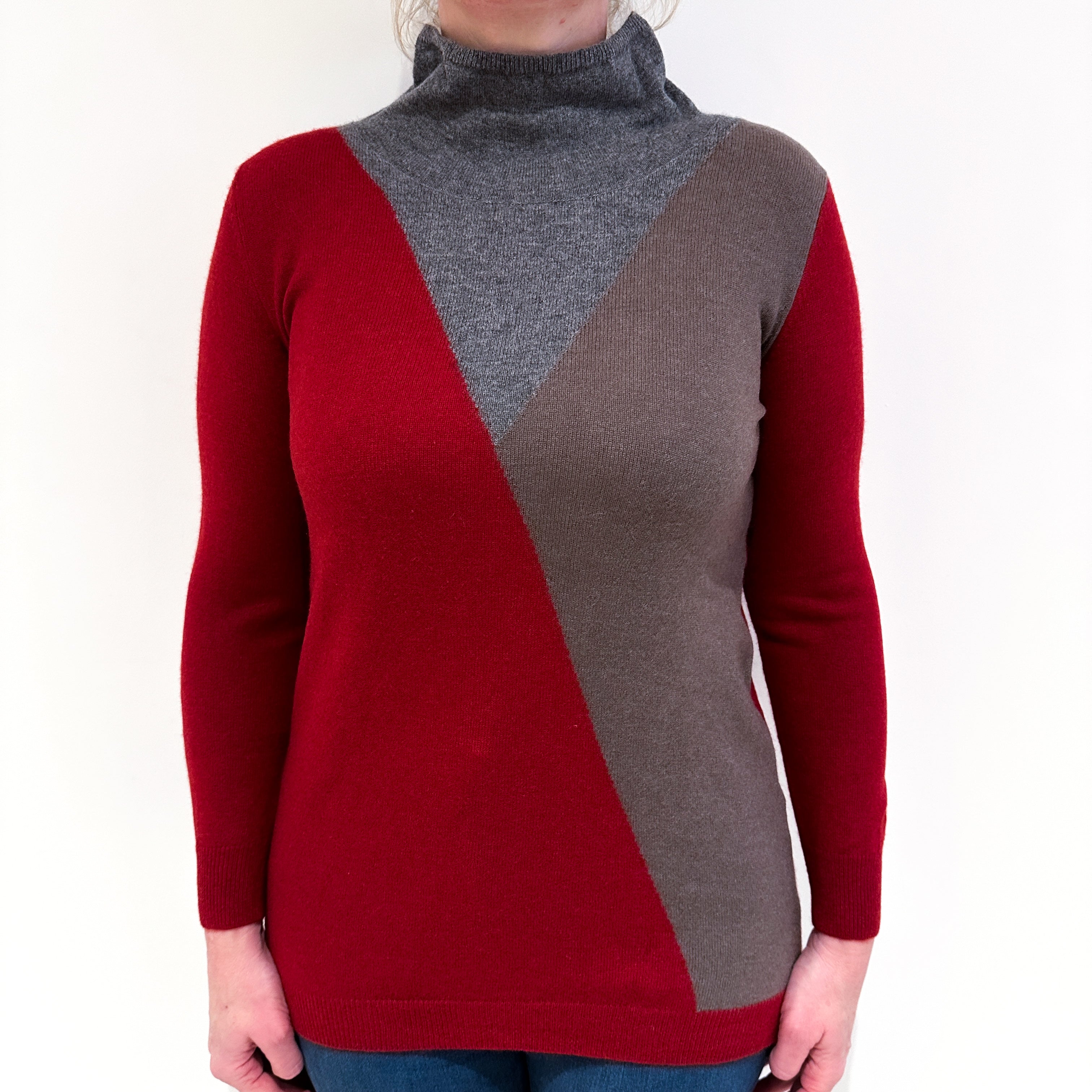 Red Brown and Grey Cashmere Funnel Neck Jumper Large