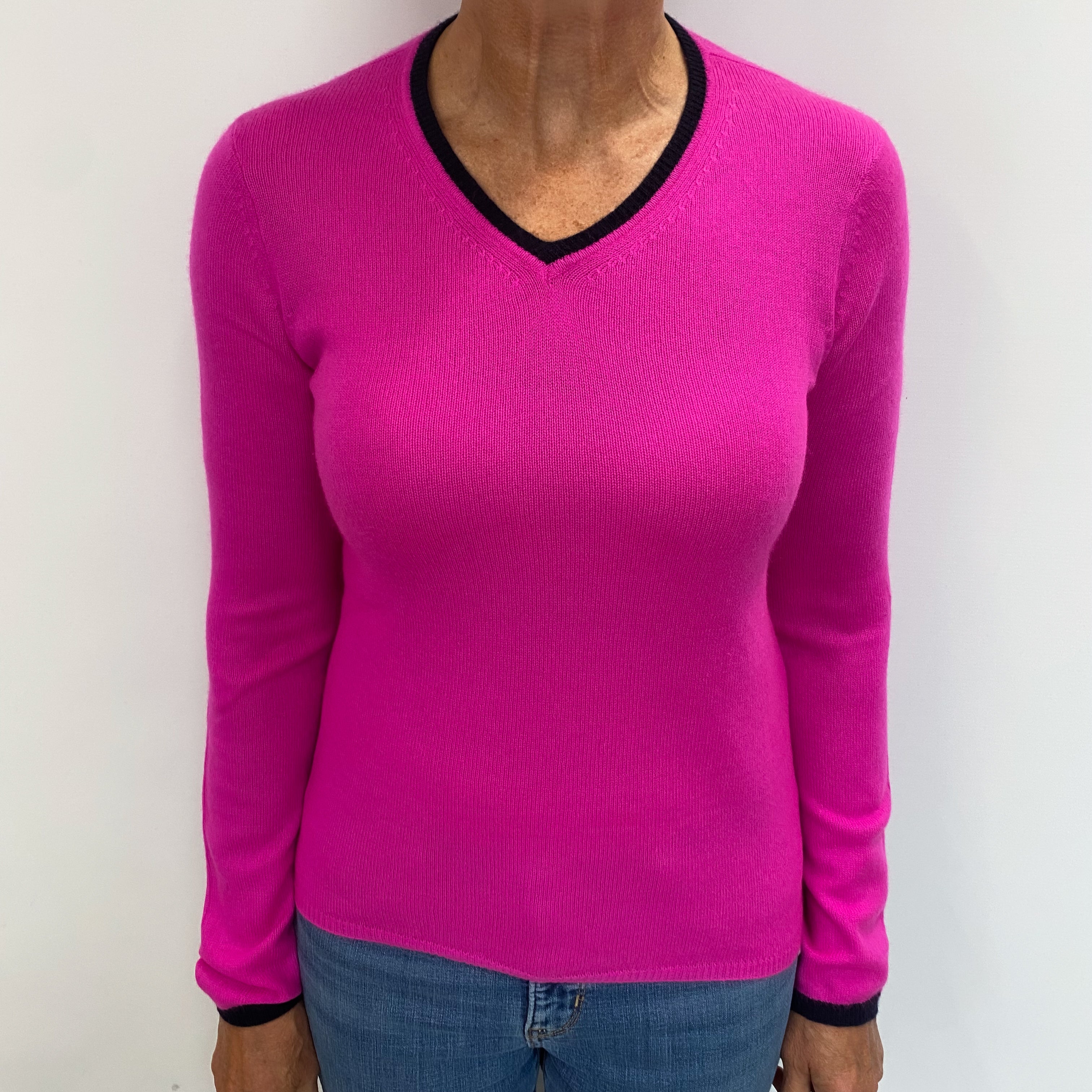 Neon Pink Cashmere V Neck Jumper Medium