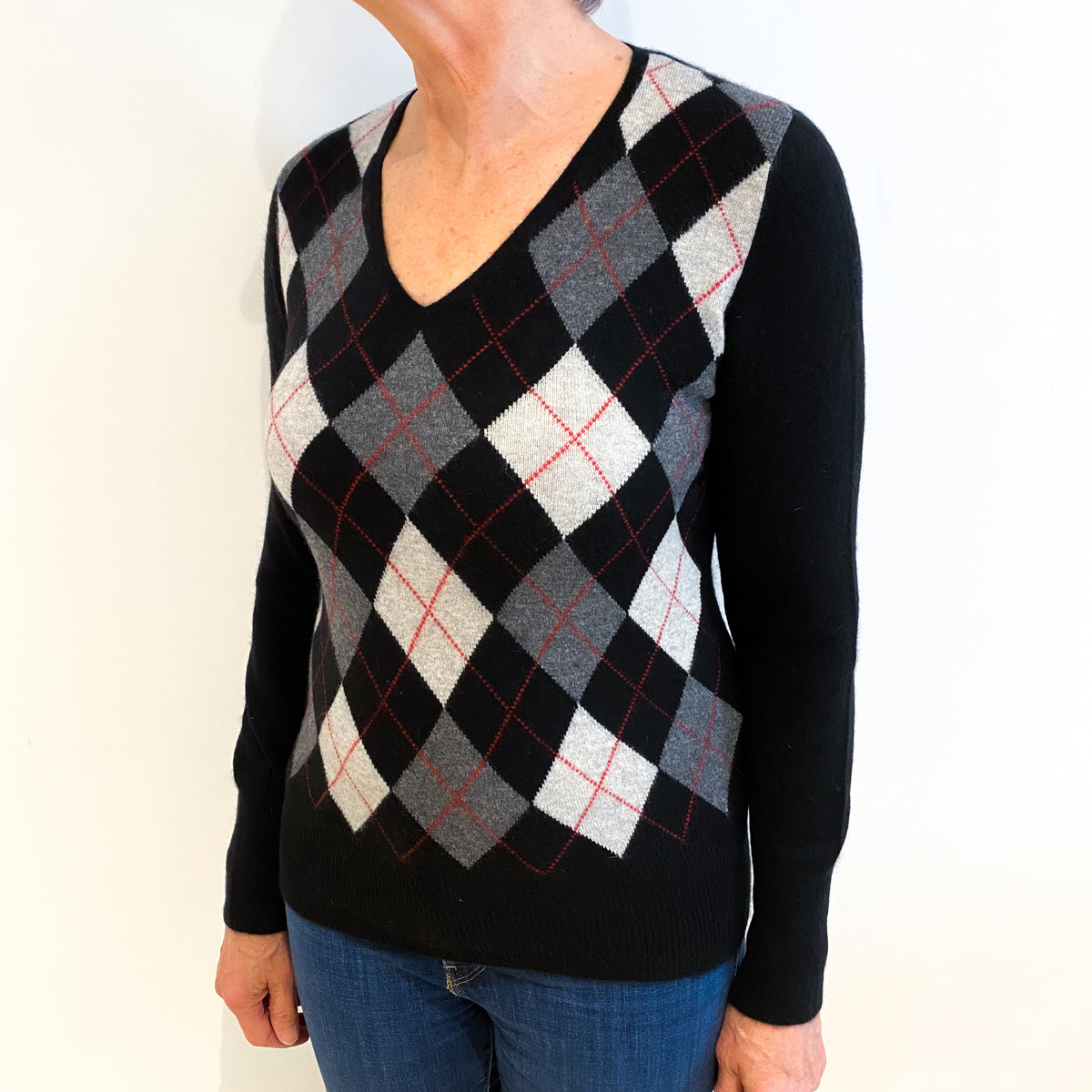 Black Argyle Cashmere V Neck Jumper Medium