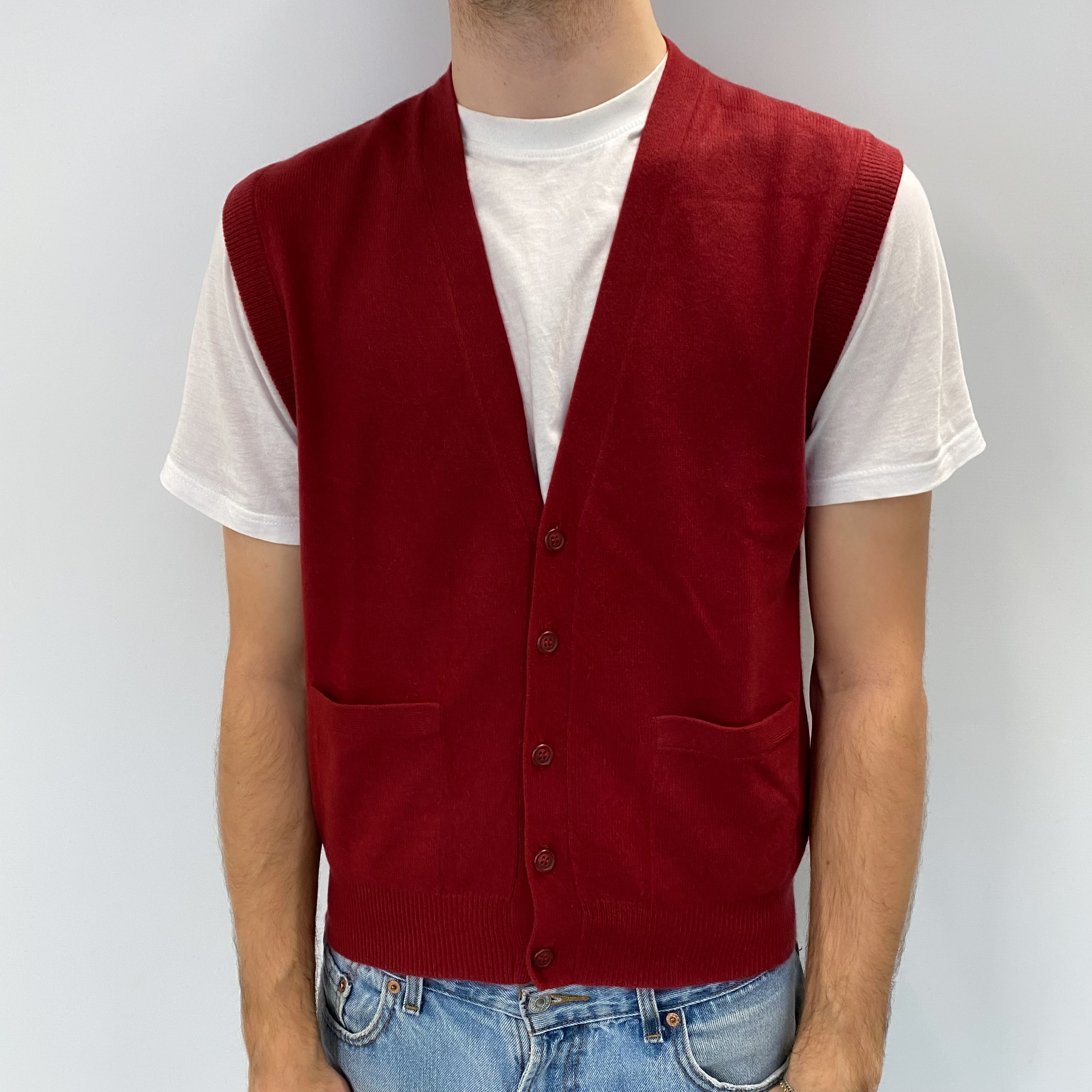 Men's Brick Red Cashmere V Neck Sleeveless Cardigan Medium