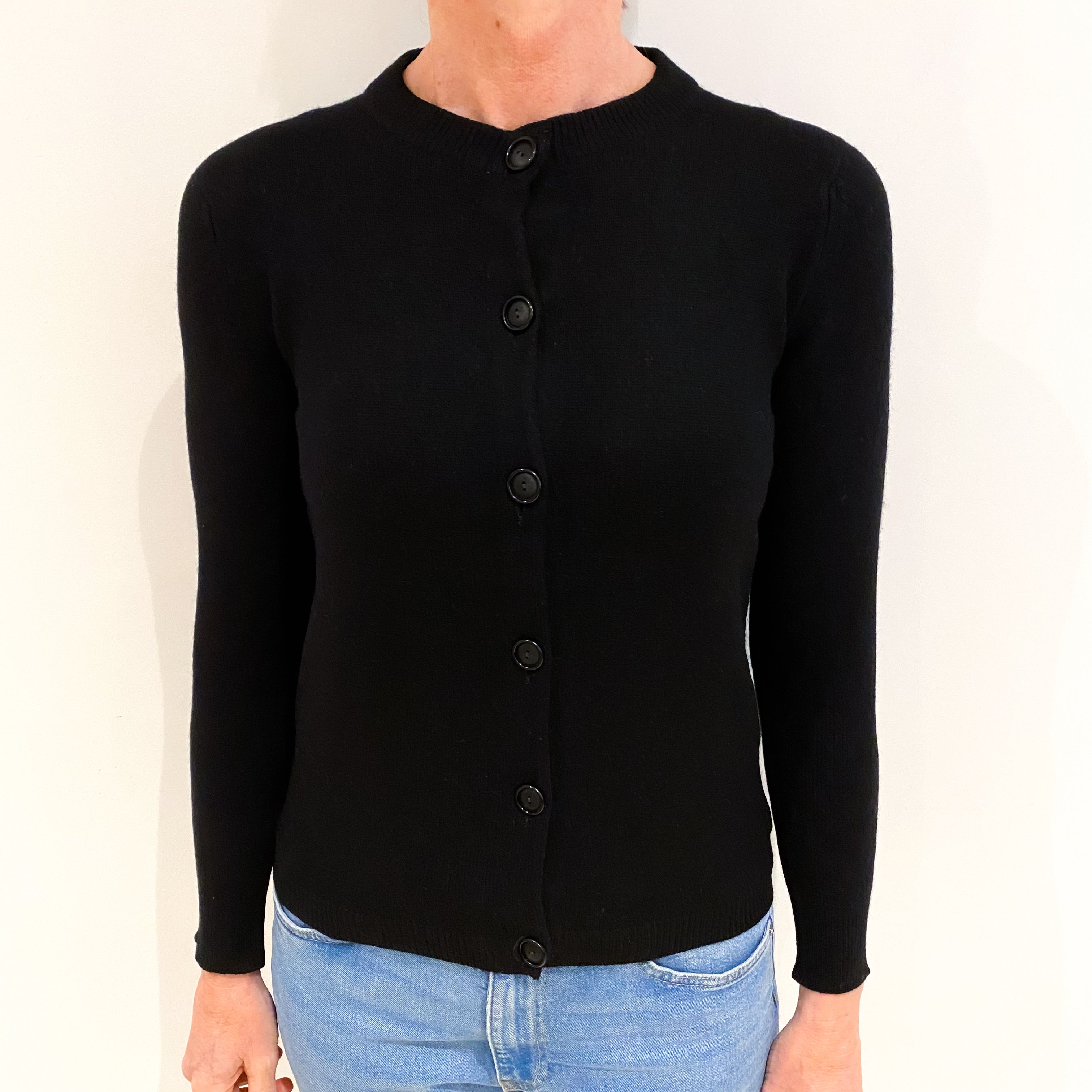 Vintage Scottish Black Cashmere Crew Neck Cardigan Small
