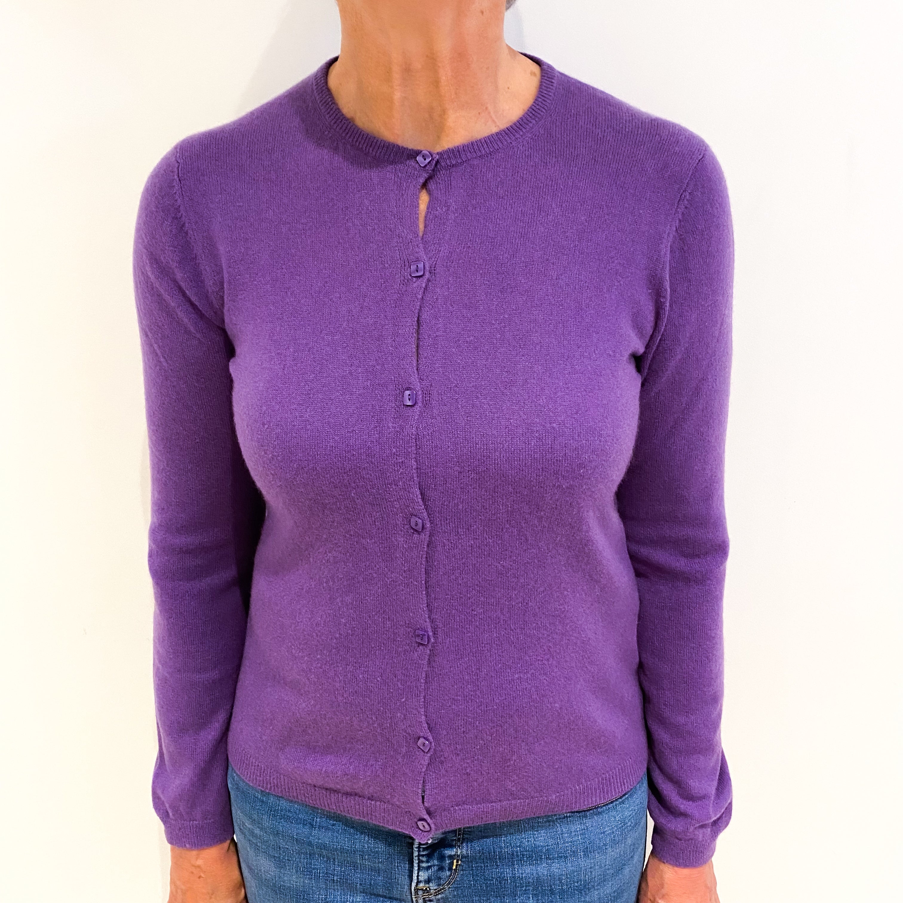 Deep Lavender Purple Cashmere Crew Neck Cardigan Medium