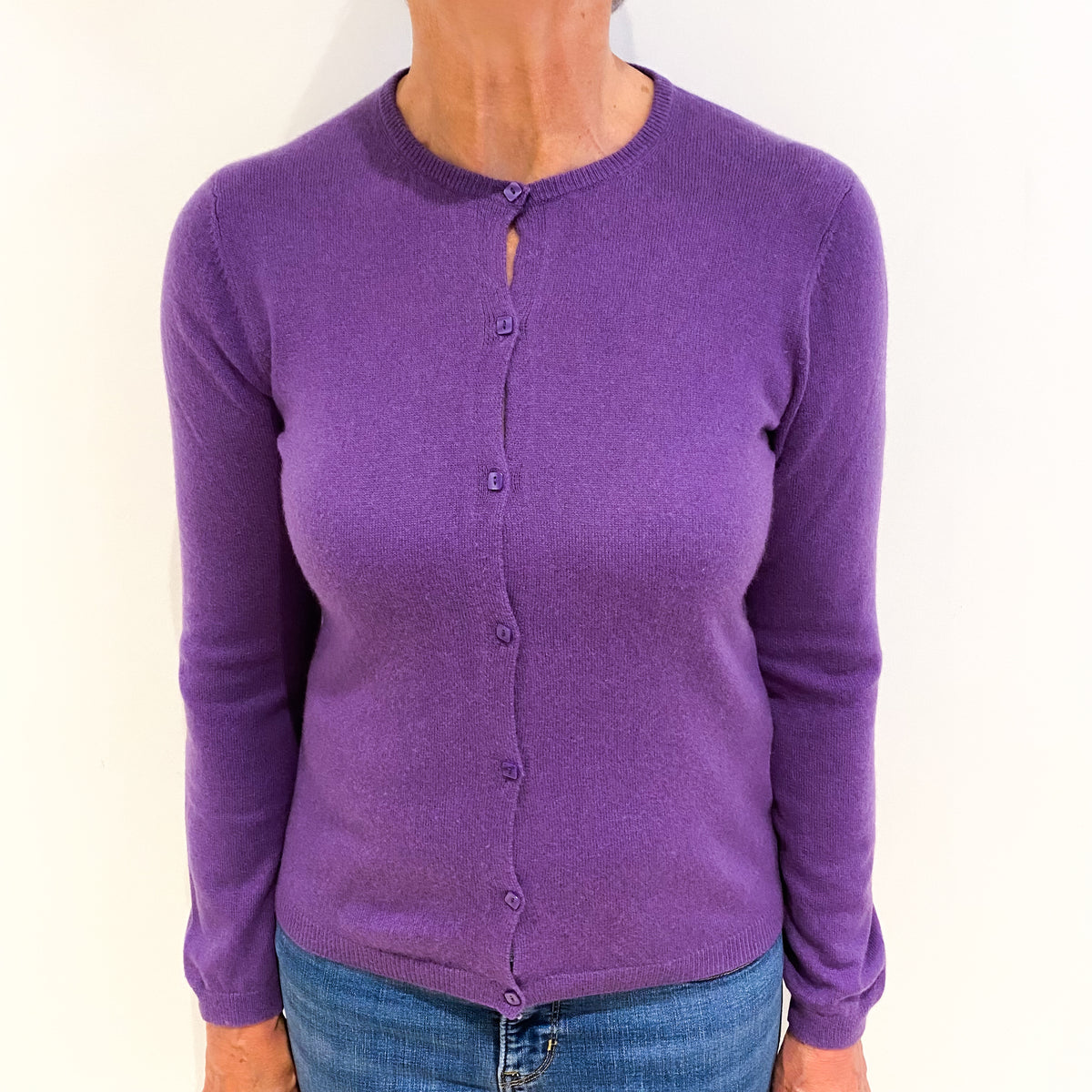 Deep Lavender Purple Cashmere Crew Neck Cardigan Medium