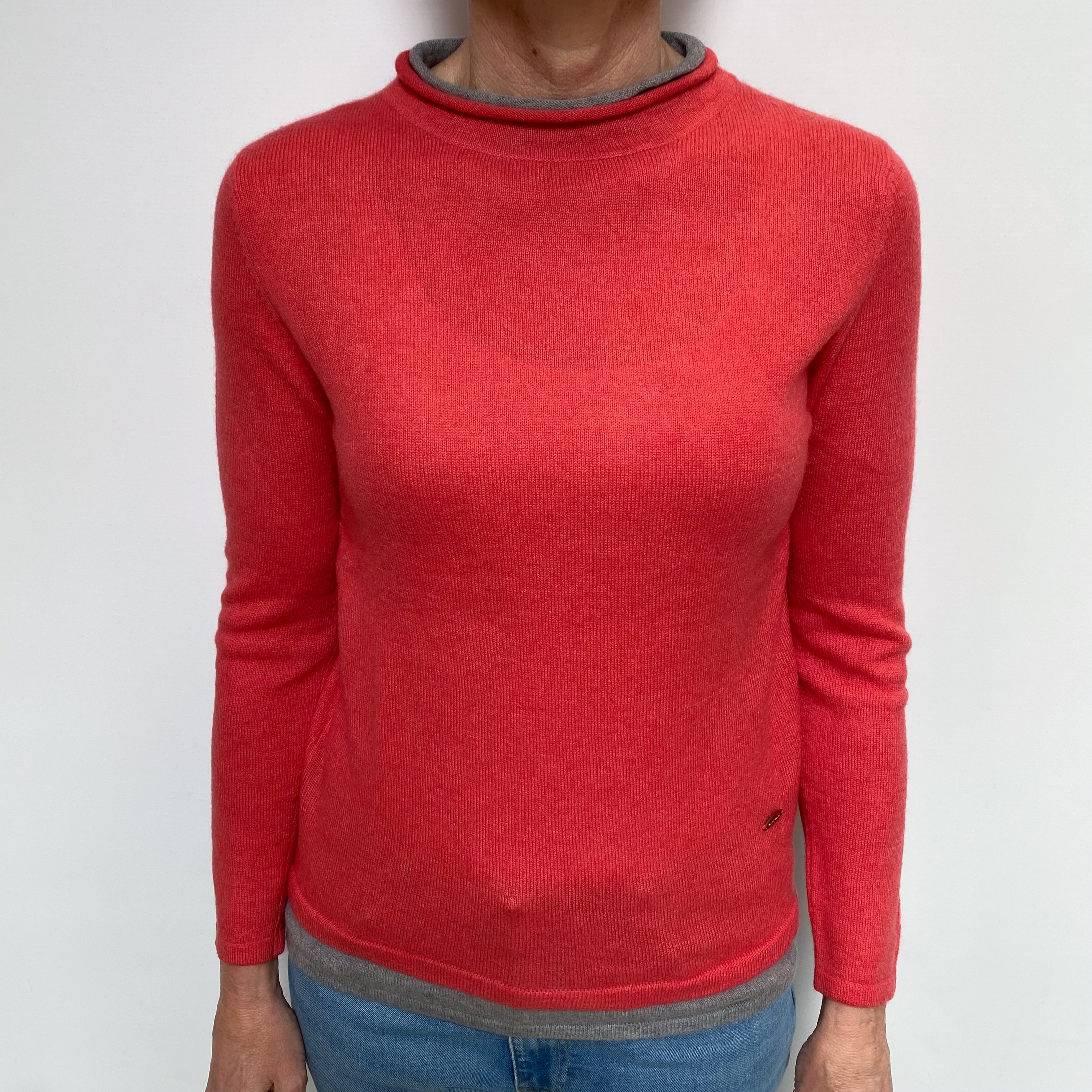 Deep Coral Pink Cashmere Turtle Neck Jumper Small