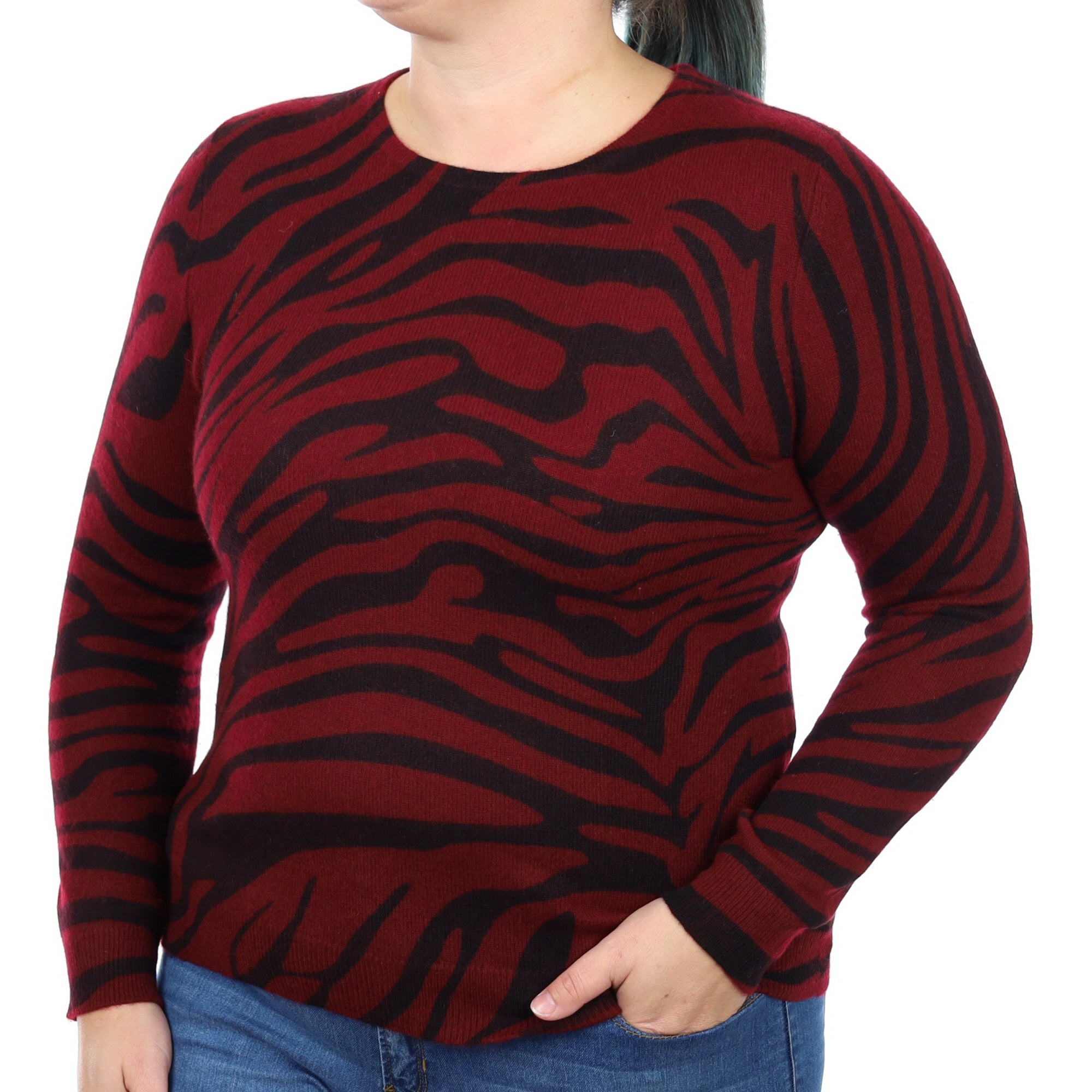 Burgundy and Black Zebra Cashmere Crew Neck Jumper Large